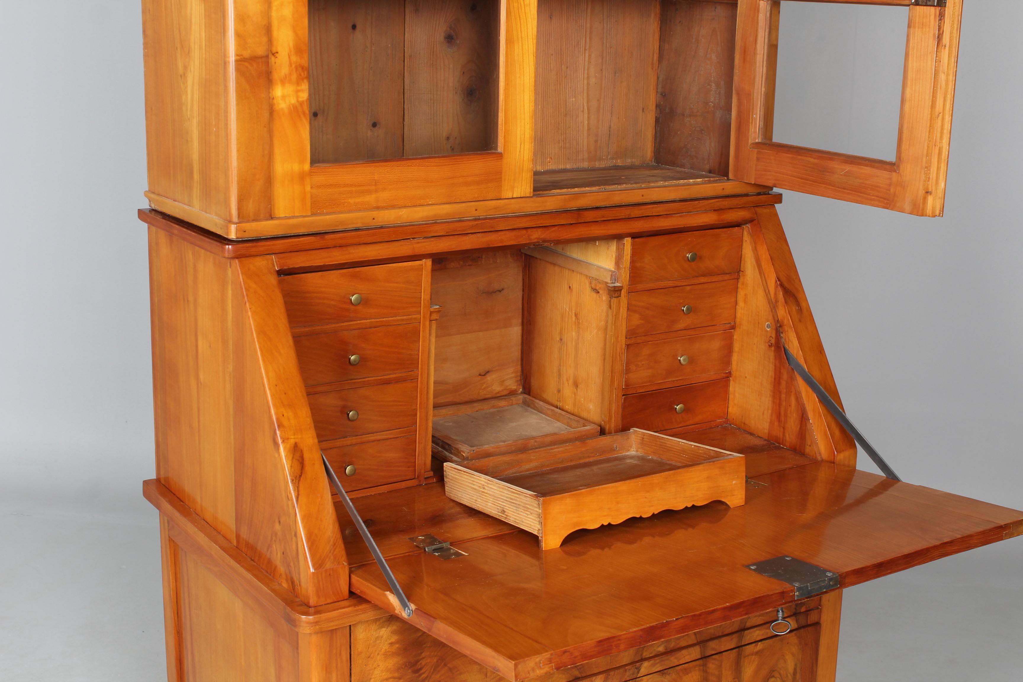 19th Century Biedermeier Secretary, Bookcase, Cherry, Walnut, 1840s For Sale