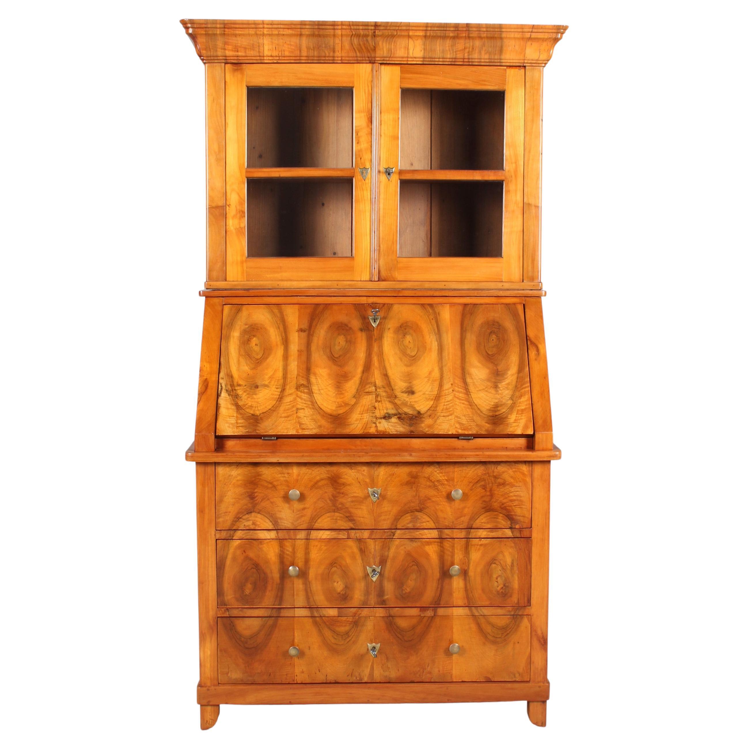 Biedermeier Secretary, Bookcase, Cherry, Walnut, 1840s For Sale