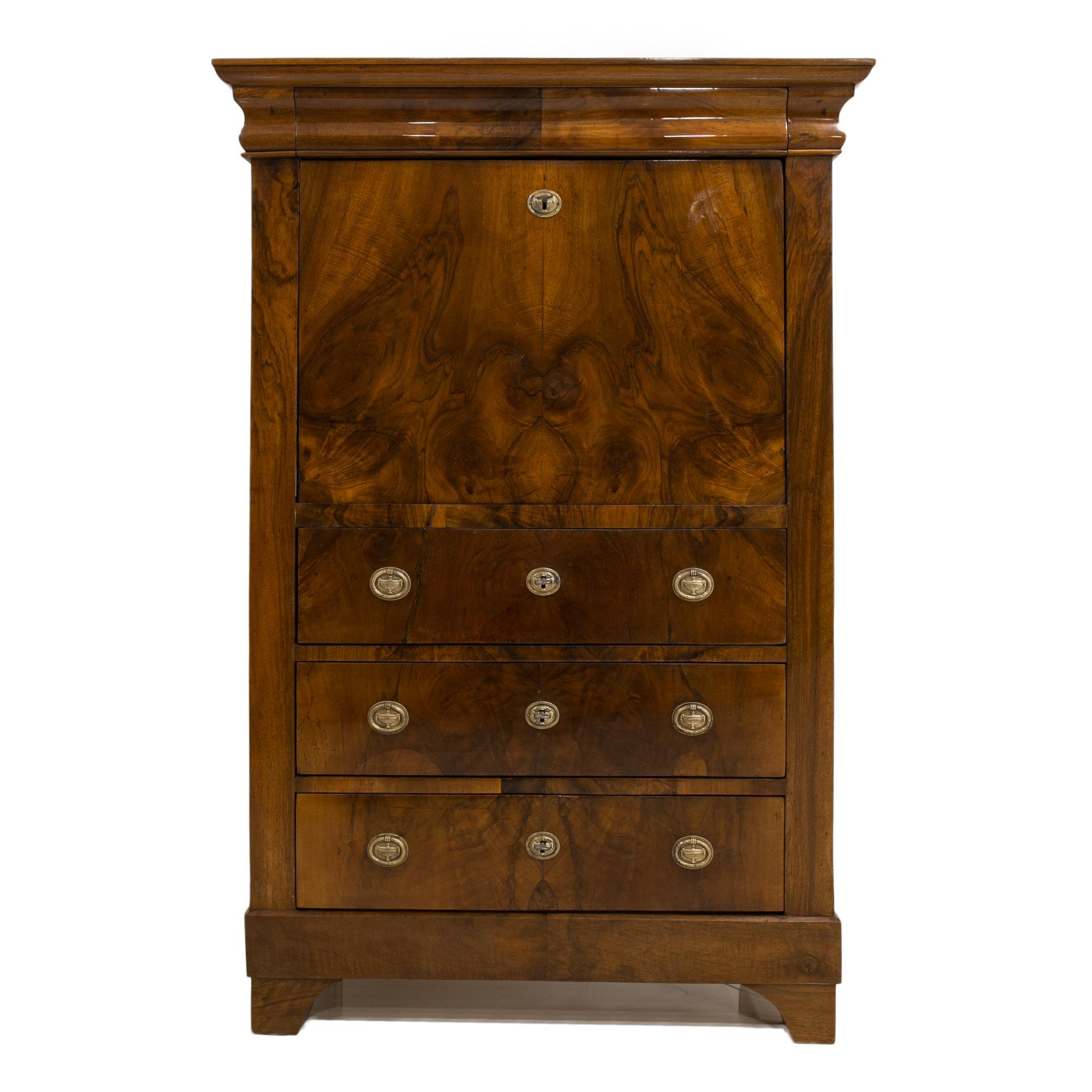 This Biedermeier secretary comes from Germany and was constructed in 19th century. It is made of coniferous wood, veneered vertically with walnut. This secretary desk has undergone a professional renovation process. Surface is finished with shellac