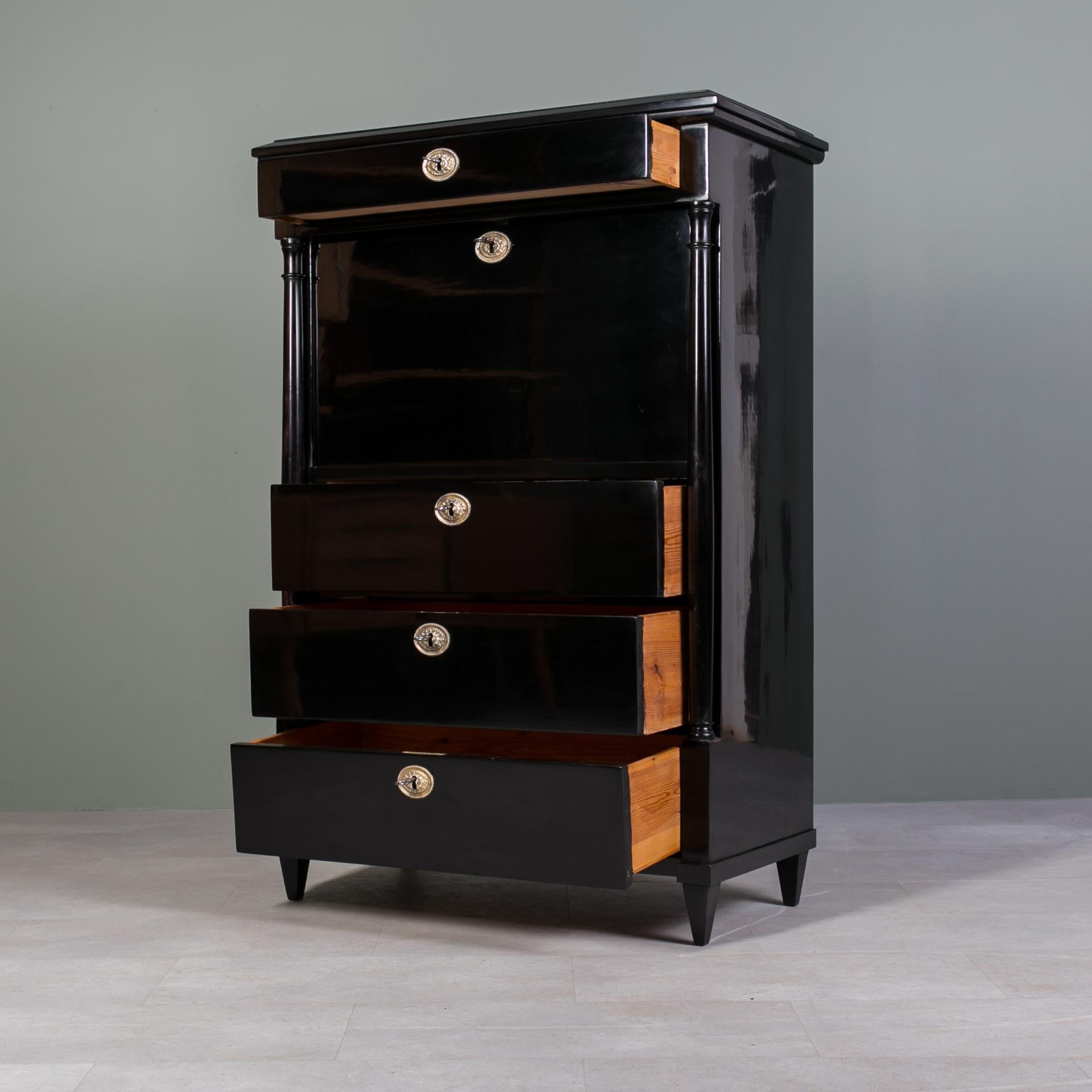 Secretaria Biedermeier, Chapa de Arce, Decoración de Tinta sobre Madera, Alemania, Siglo XIX 4