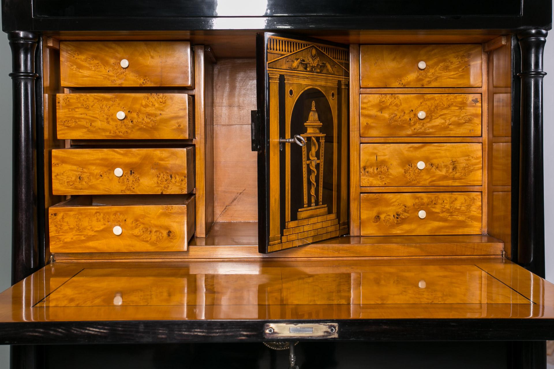 Secretaria Biedermeier, Chapa de Arce, Decoración de Tinta sobre Madera, Alemania, Siglo XIX 5
