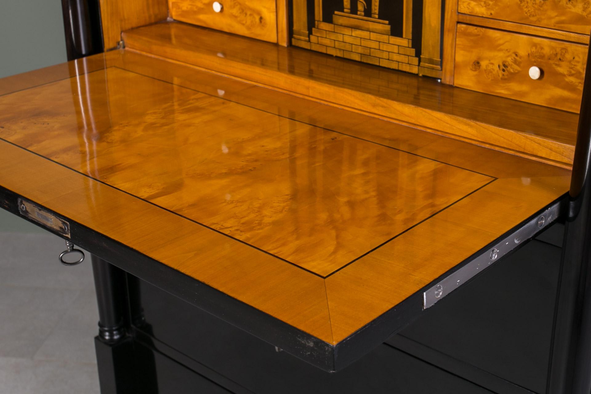 Secretaria Biedermeier, Chapa de Arce, Decoración de Tinta sobre Madera, Alemania, Siglo XIX 7