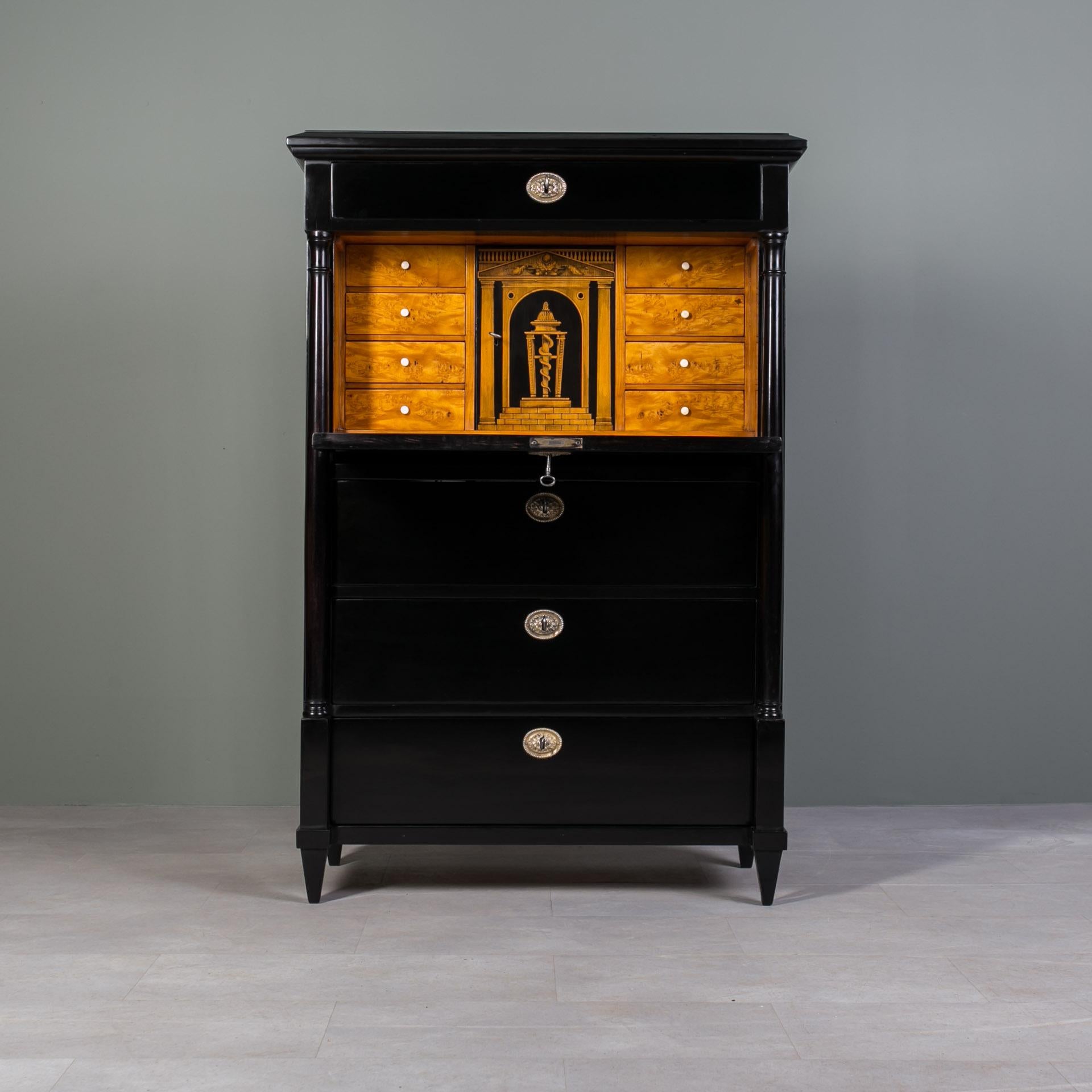 Secretaria Biedermeier, Chapa de Arce, Decoración de Tinta sobre Madera, Alemania, Siglo XIX en Bueno Estado en Wrocław, Poland