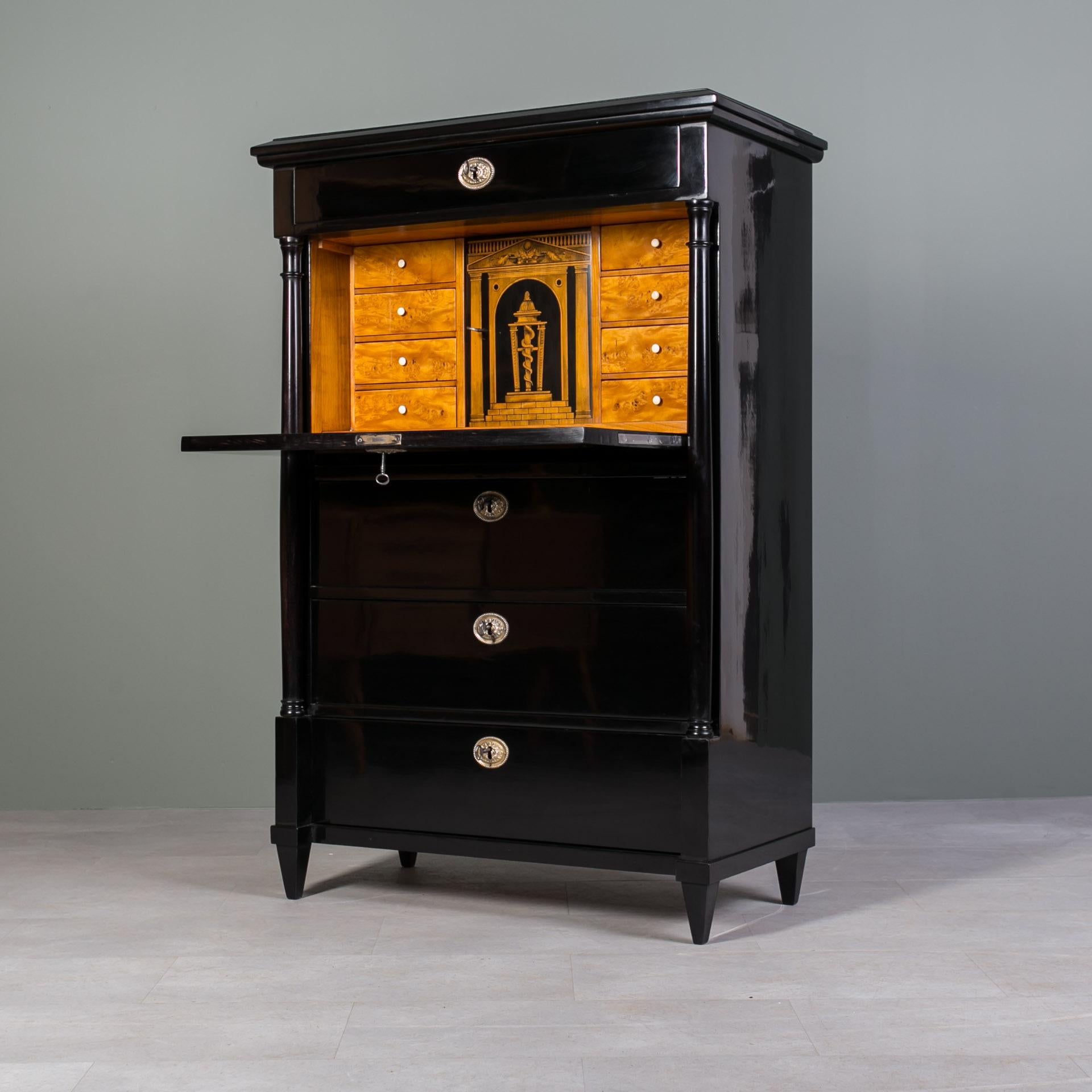 Secretaria Biedermeier, Chapa de Arce, Decoración de Tinta sobre Madera, Alemania, Siglo XIX 1