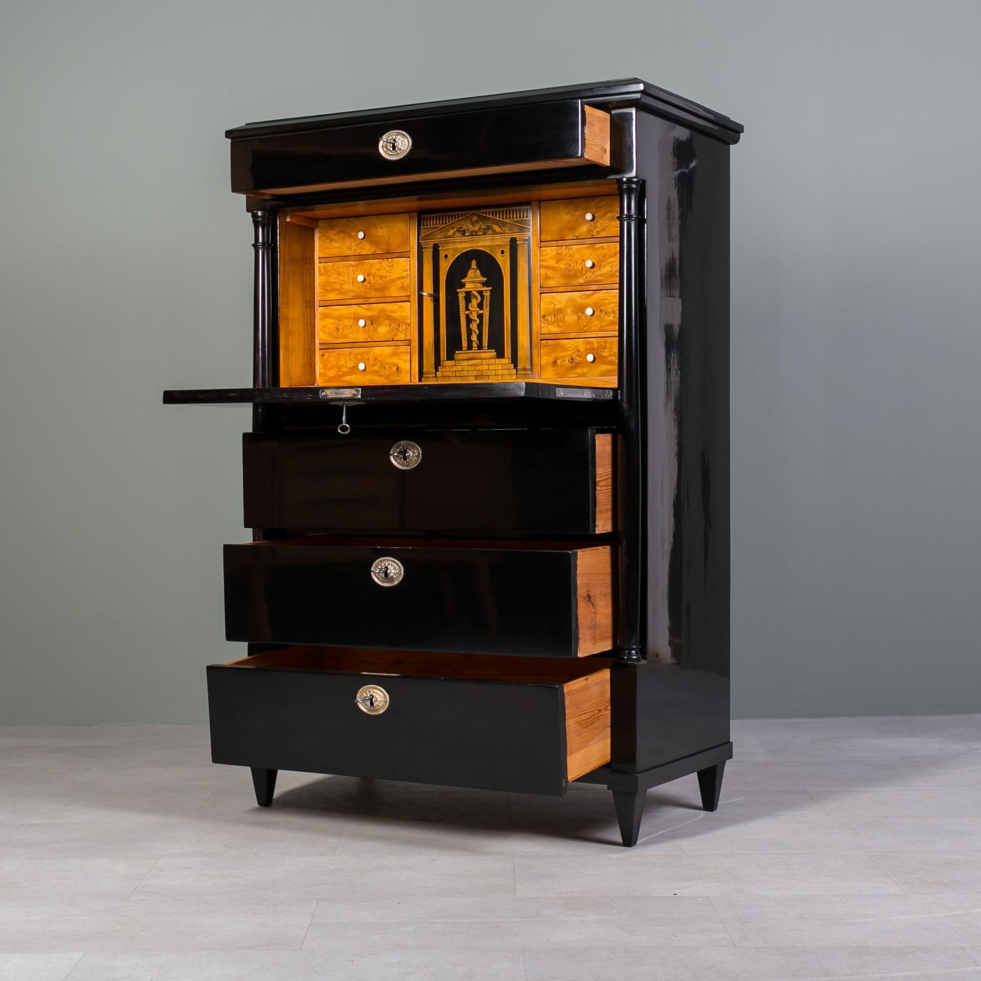 Secretaria Biedermeier, Chapa de Arce, Decoración de Tinta sobre Madera, Alemania, Siglo XIX 2
