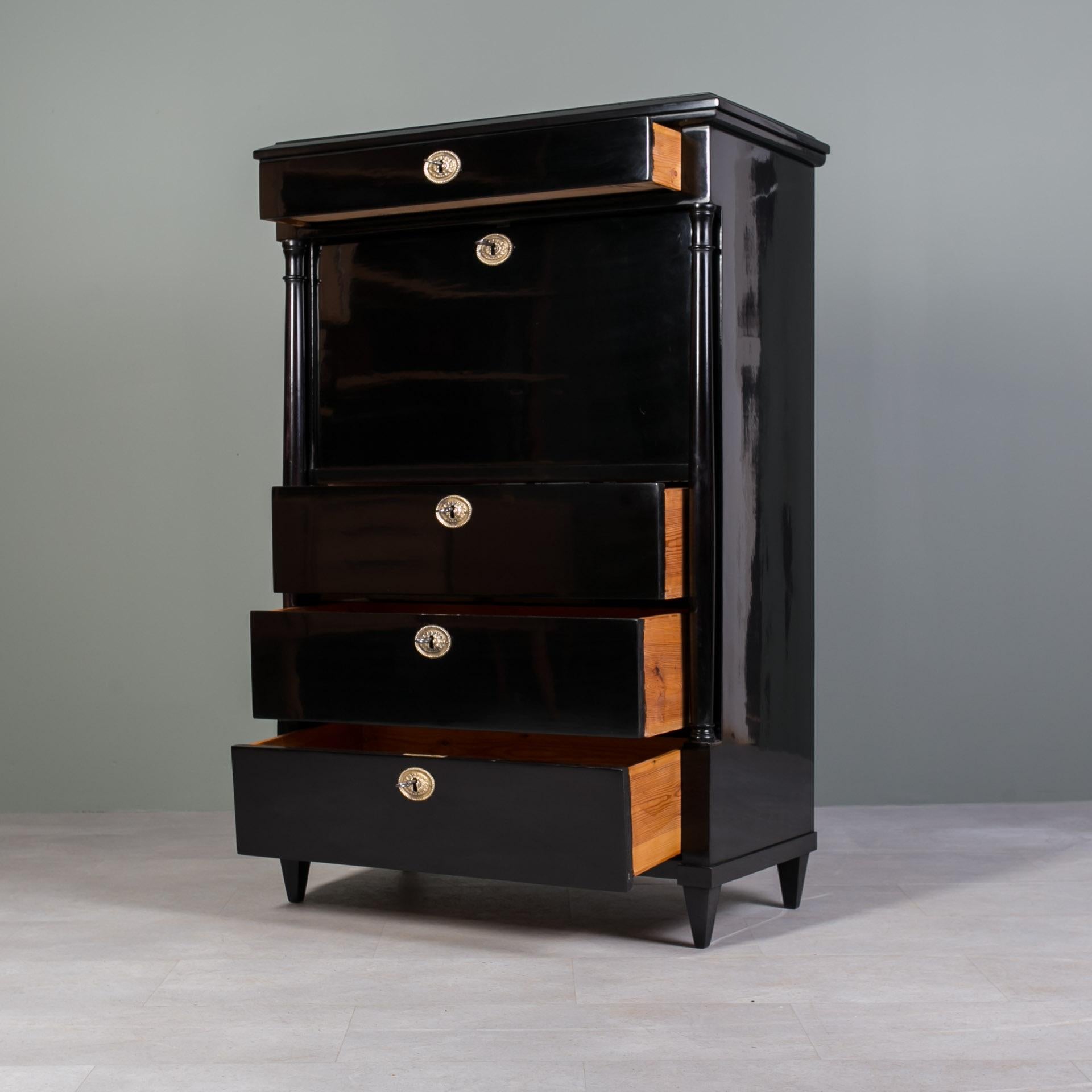 Secretaria Biedermeier, Chapa de Arce, Decoración de Tinta sobre Madera, Alemania, Siglo XIX 3