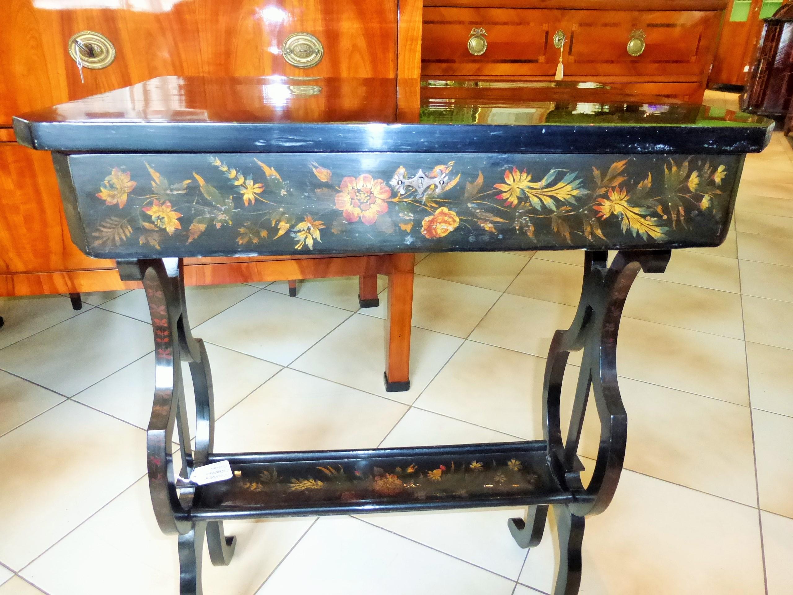 Austrian Biedermeier Sewing Table, circa 1830 with Floral Paintings For Sale