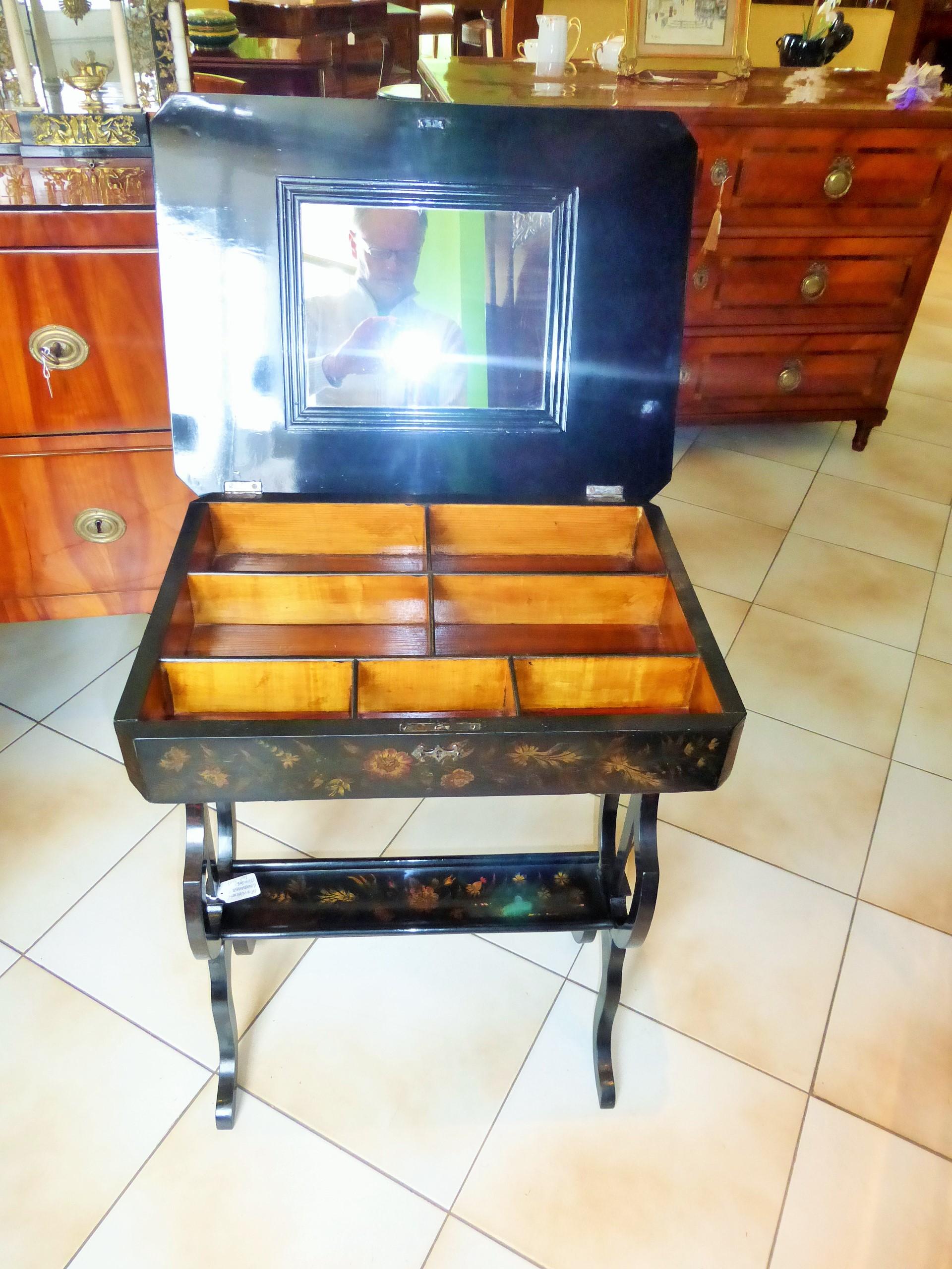 Ebonized Biedermeier Sewing Table, circa 1830 with Floral Paintings For Sale