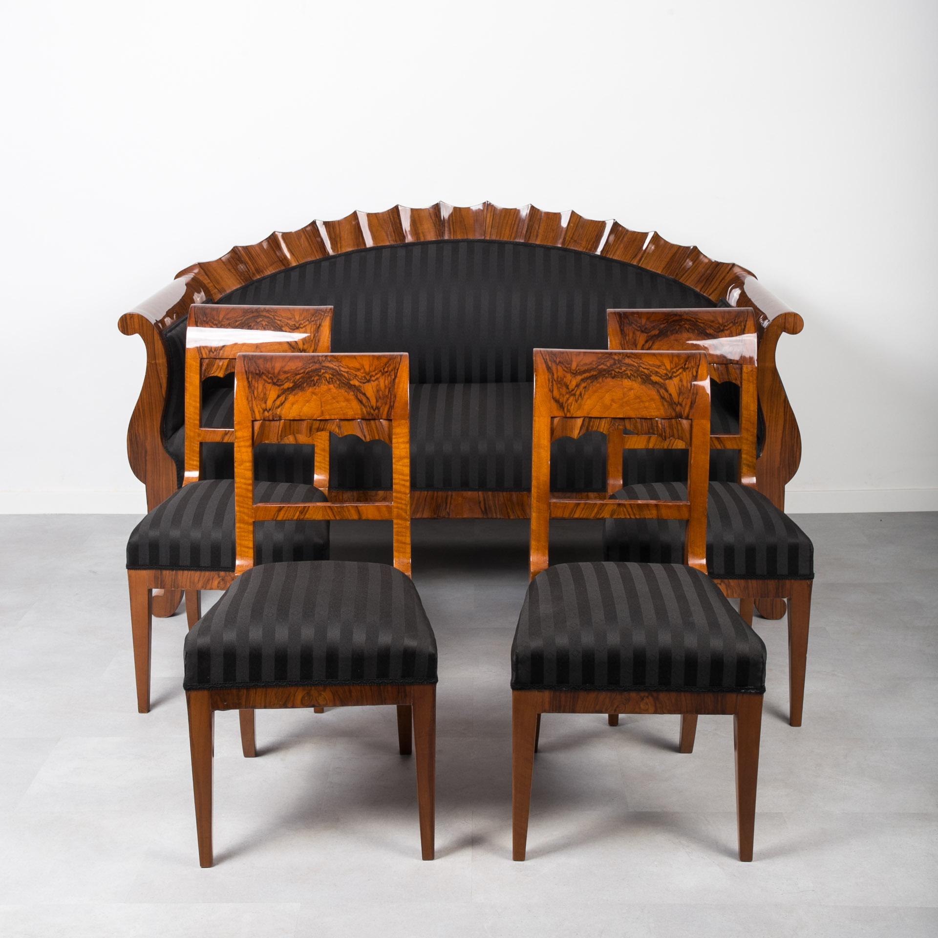 Polished Biedermeier Sofa and 4 Dining Chairs,  Germany, 19th Century