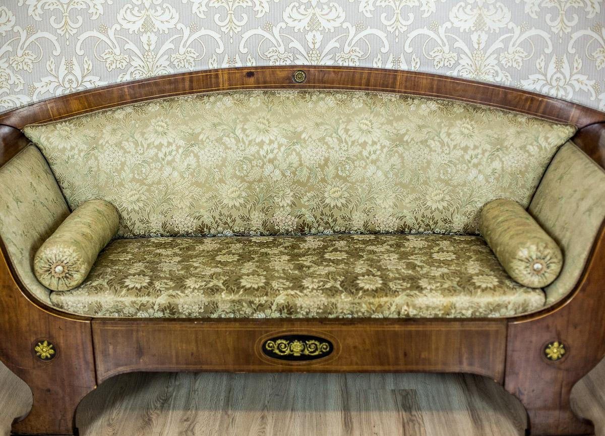 Walnut Antique Large  Biedermeier Sofa in Green with brass details, circa 1860 For Sale