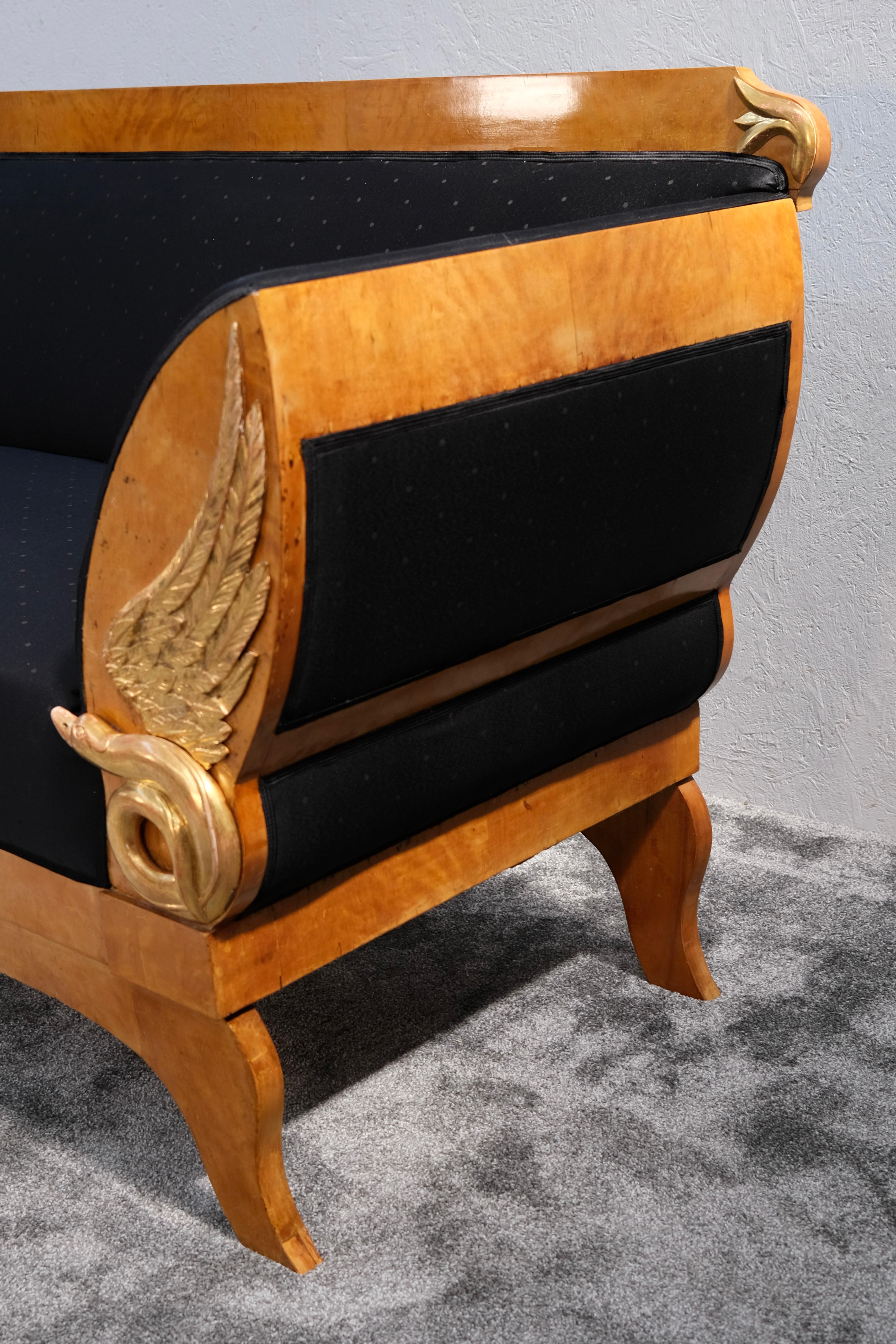 Biedermeier Sofa in Birch with Mythical Creatures and Black Upholstery, 1820 For Sale 6