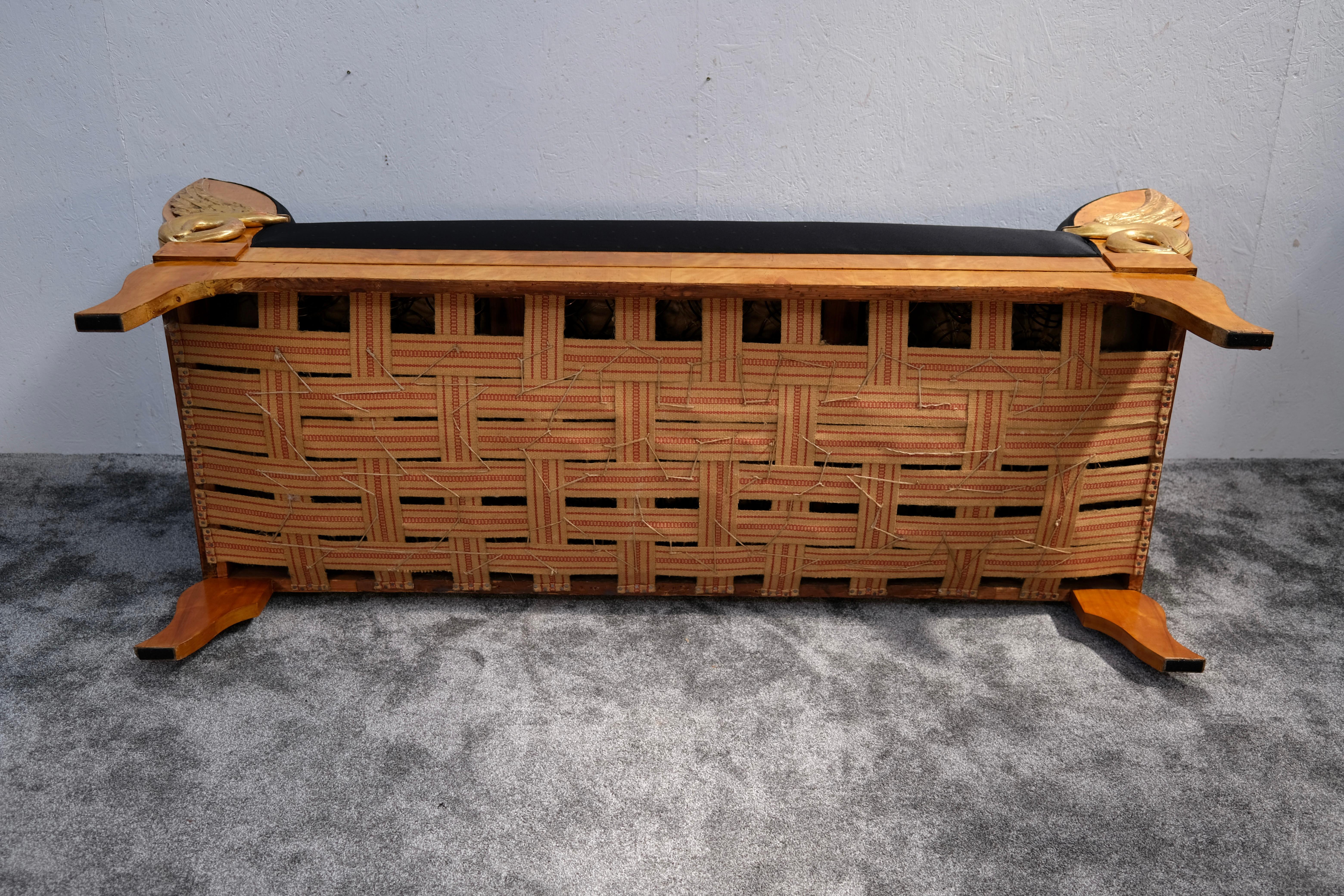 Biedermeier Sofa in Birch with Mythical Creatures and Black Upholstery, 1820 For Sale 8