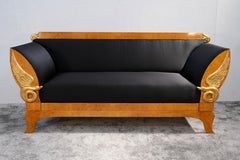 Biedermeier Sofa in Birch with Mythical Creatures and Black Upholstery, 1820