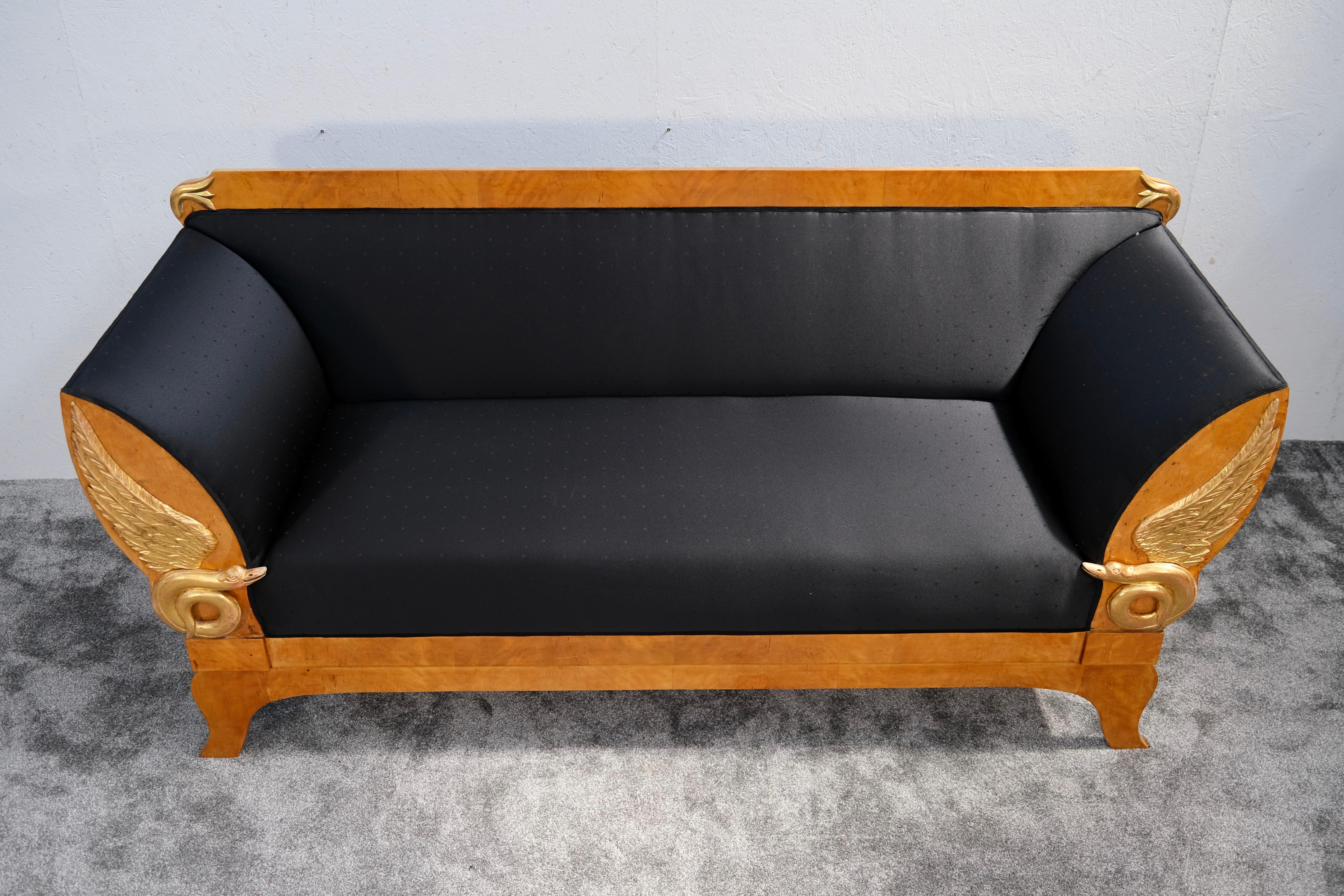 German Biedermeier Sofa in Birch with Mythical Creatures and Black Upholstery, 1820 For Sale