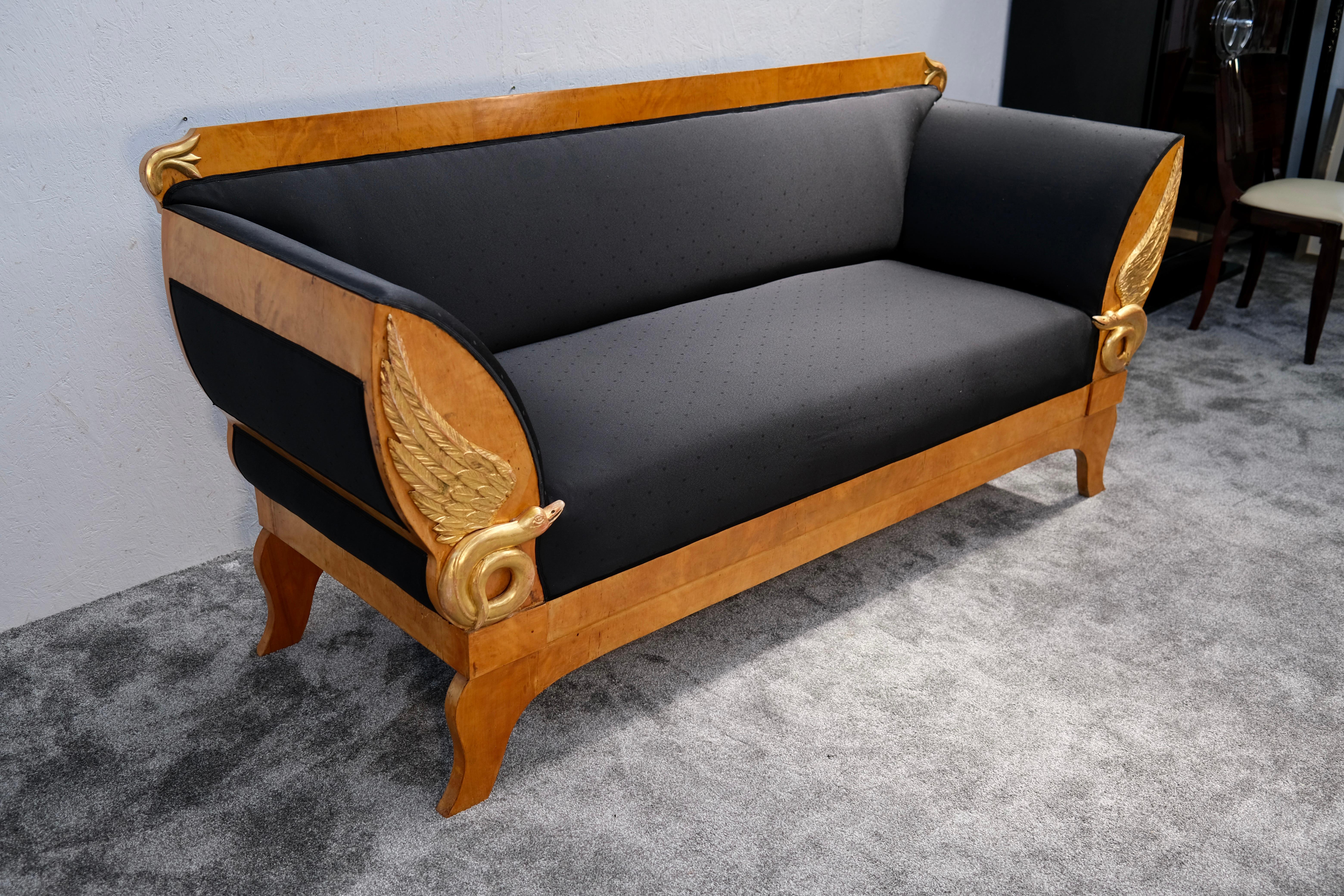 Polished Biedermeier Sofa in Birch with Mythical Creatures and Black Upholstery, 1820 For Sale