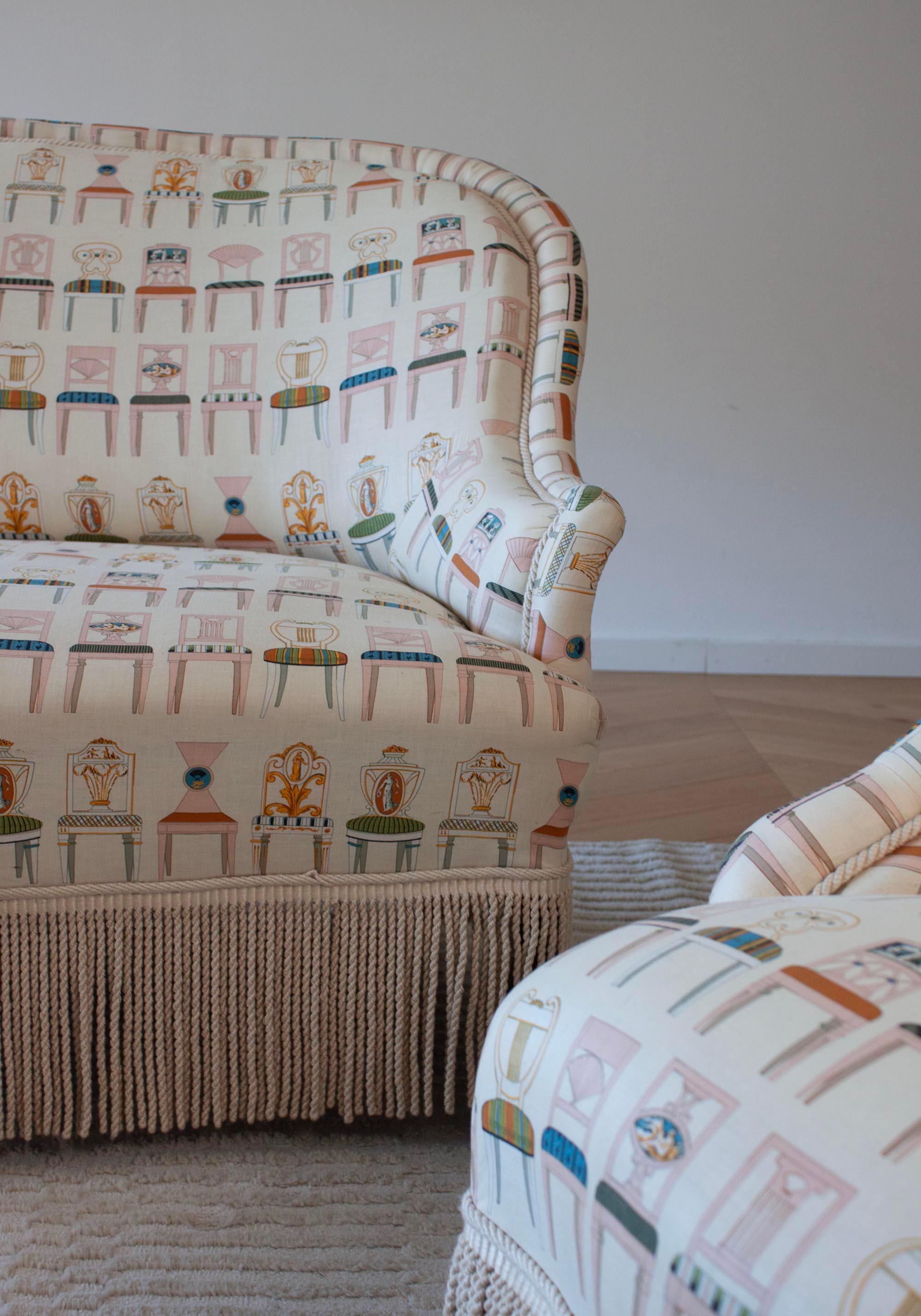 Sofá Biedermeier, Dos Sillones Tapizados en Textil Motivo Silla Karl Lagerfeld en venta 3