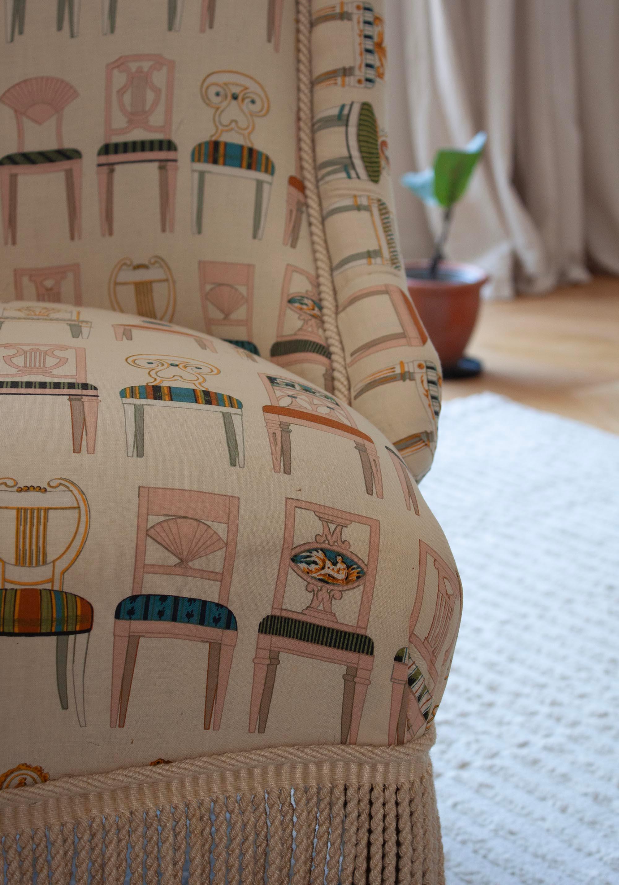 Sofá Biedermeier, Dos Sillones Tapizados en Textil Motivo Silla Karl Lagerfeld en venta 5