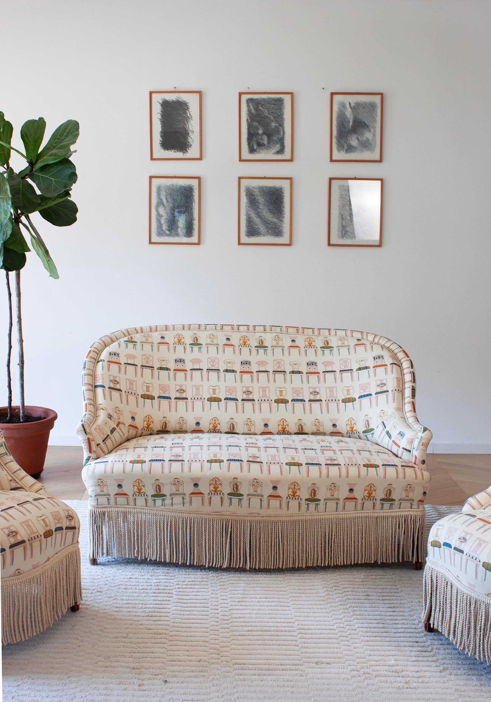 Sofá Biedermeier, Dos Sillones Tapizados en Textil Motivo Silla Karl Lagerfeld en Bueno estado para la venta en Rümmingen, BW