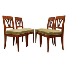 Biedermeier Squared Walnut and Geometric Green Velvet Austrian Chairs, 1850