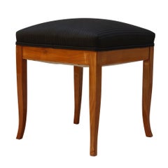 Biedermeier Stool, Cherry Veneer, Black striped fabric, South Germany, 19th c.