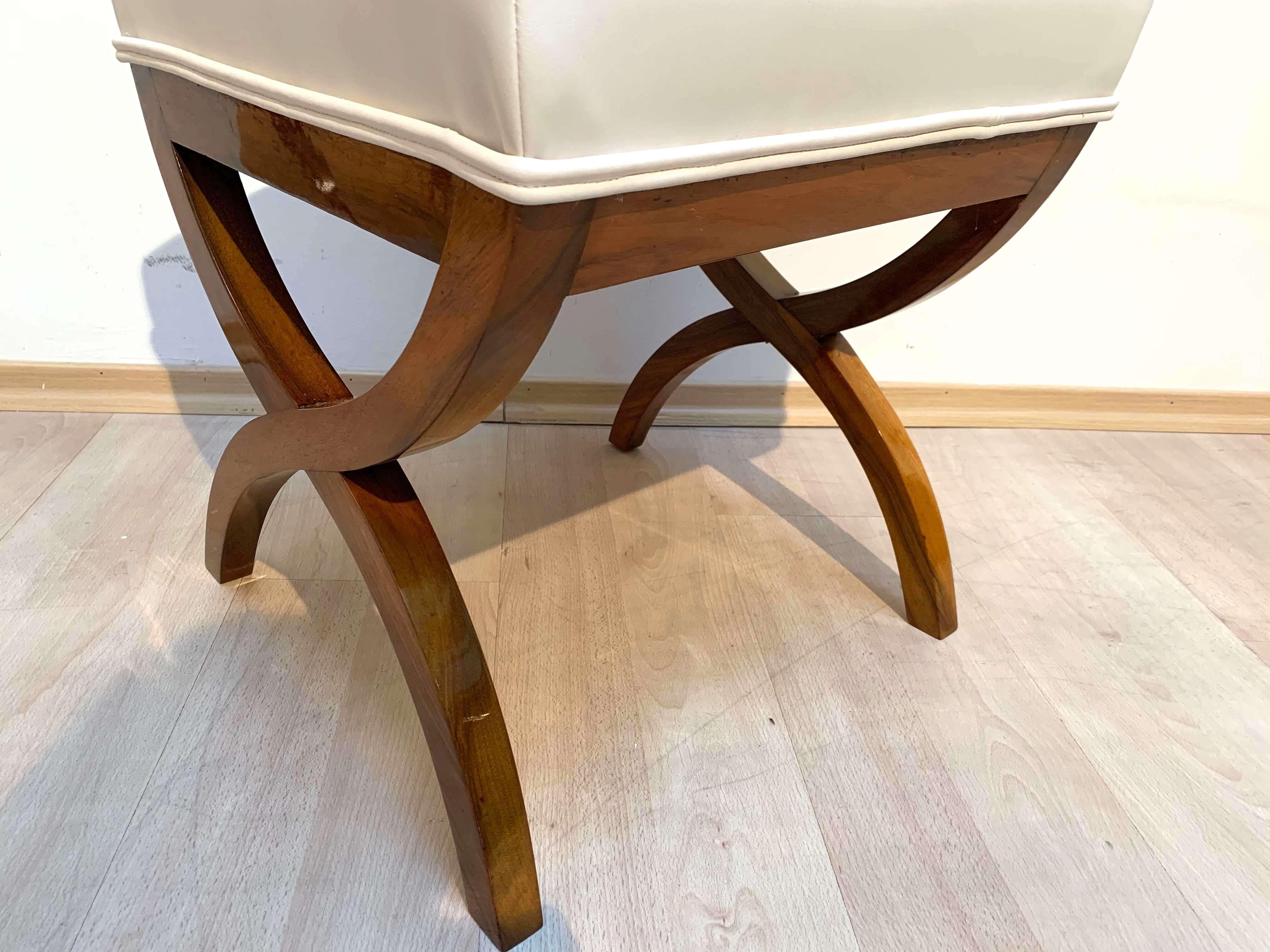 Biedermeier Stool, Solid Walnut, White Faux leather, South Germany circa 1840 4