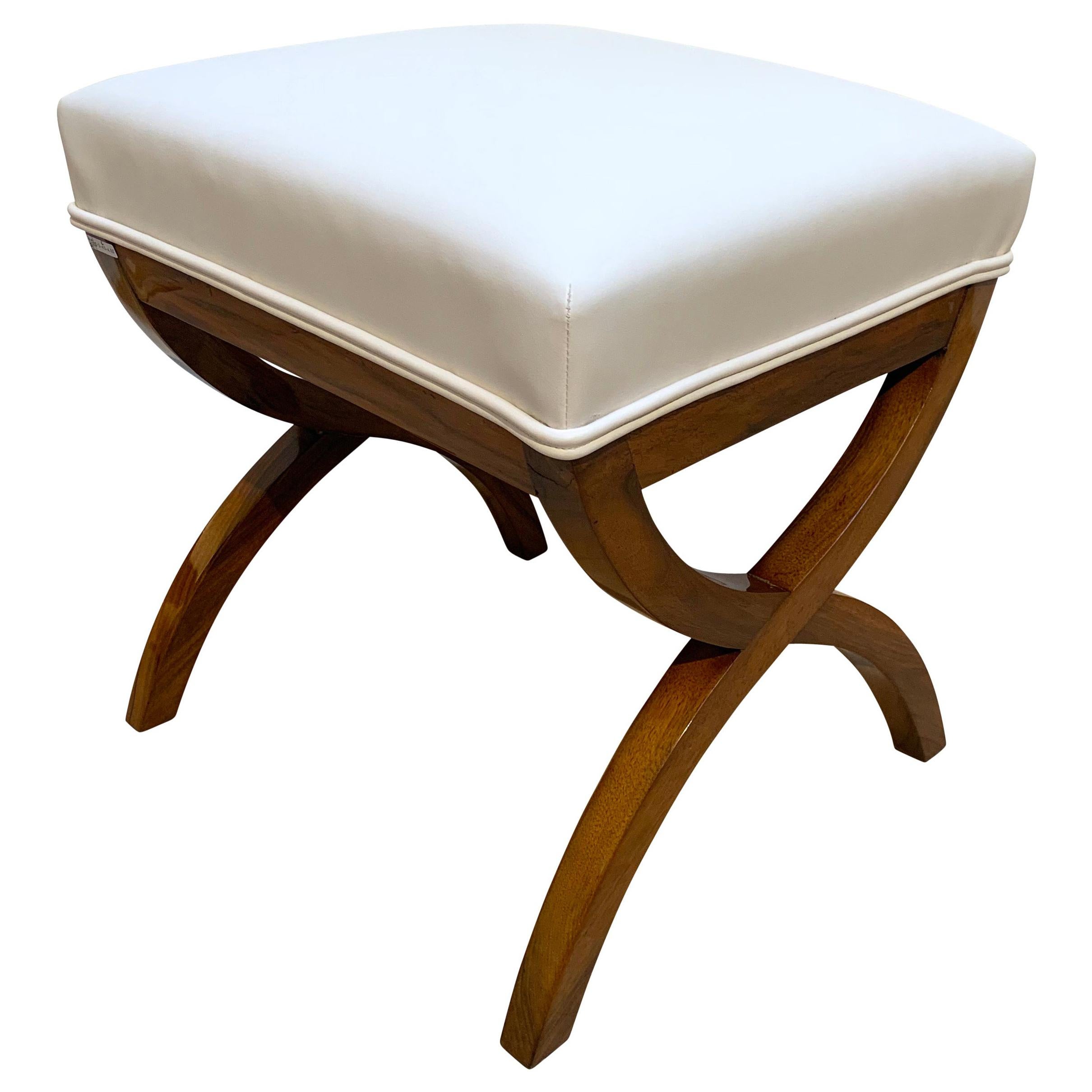 Biedermeier Stool, Solid Walnut, White Faux leather, South Germany circa 1840