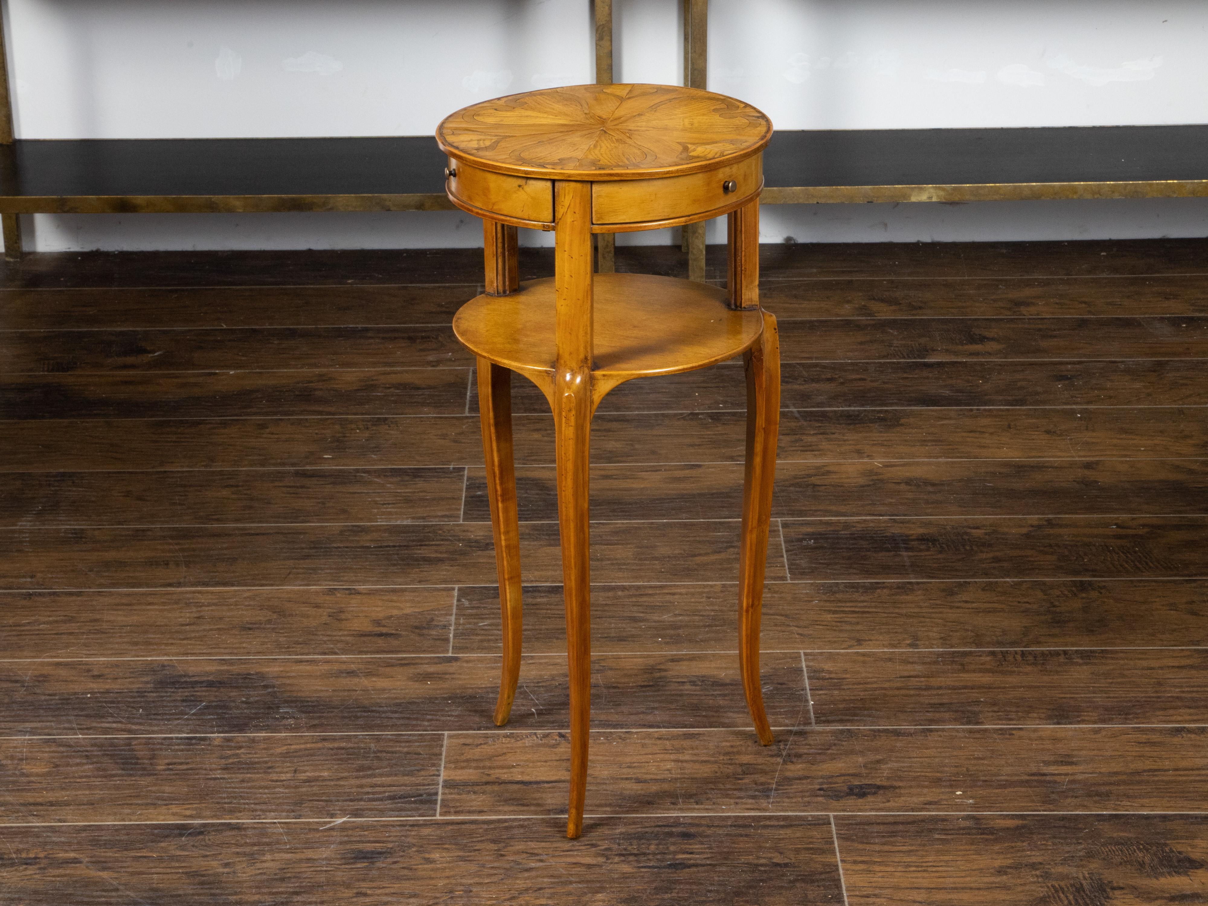 19th Century Biedermeier Style 1880s Side Table with Marquetry Top and Three Sliding Drawers