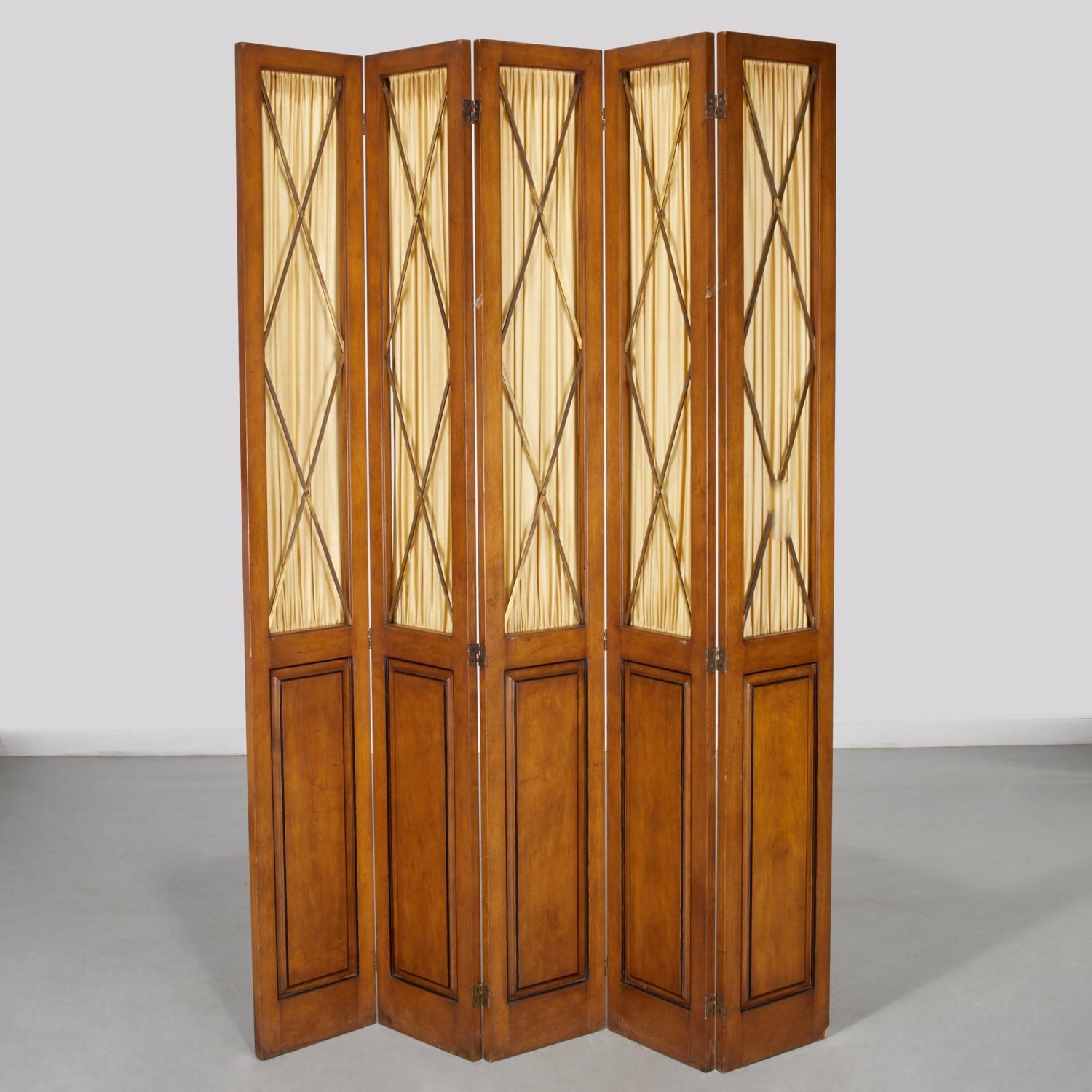 Biedermeier Style 5-Panel Parcel Ebonized Mahogany Screen with Silk Curtains For Sale 1