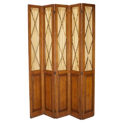 Biedermeier Style 5-Panel Parcel Ebonized Mahogany Screen with Silk Curtains