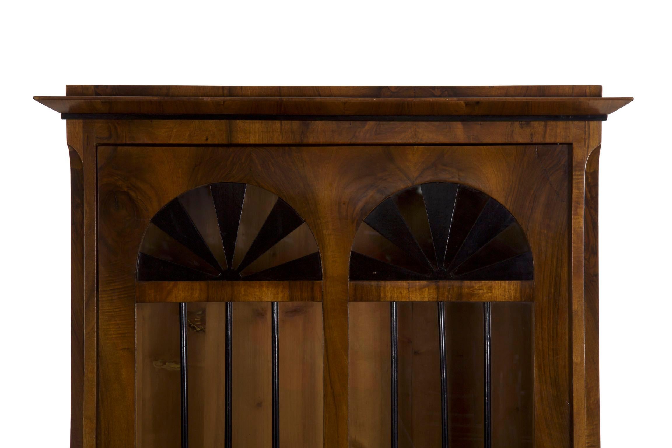 European Biedermeier Style Antique Walnut Display Bookcase Cabinet Vitrine