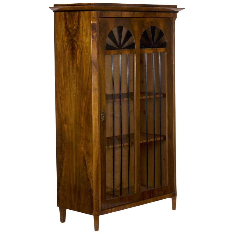 Biedermeier Style Antique Walnut Display Bookcase Cabinet Vitrine 1
