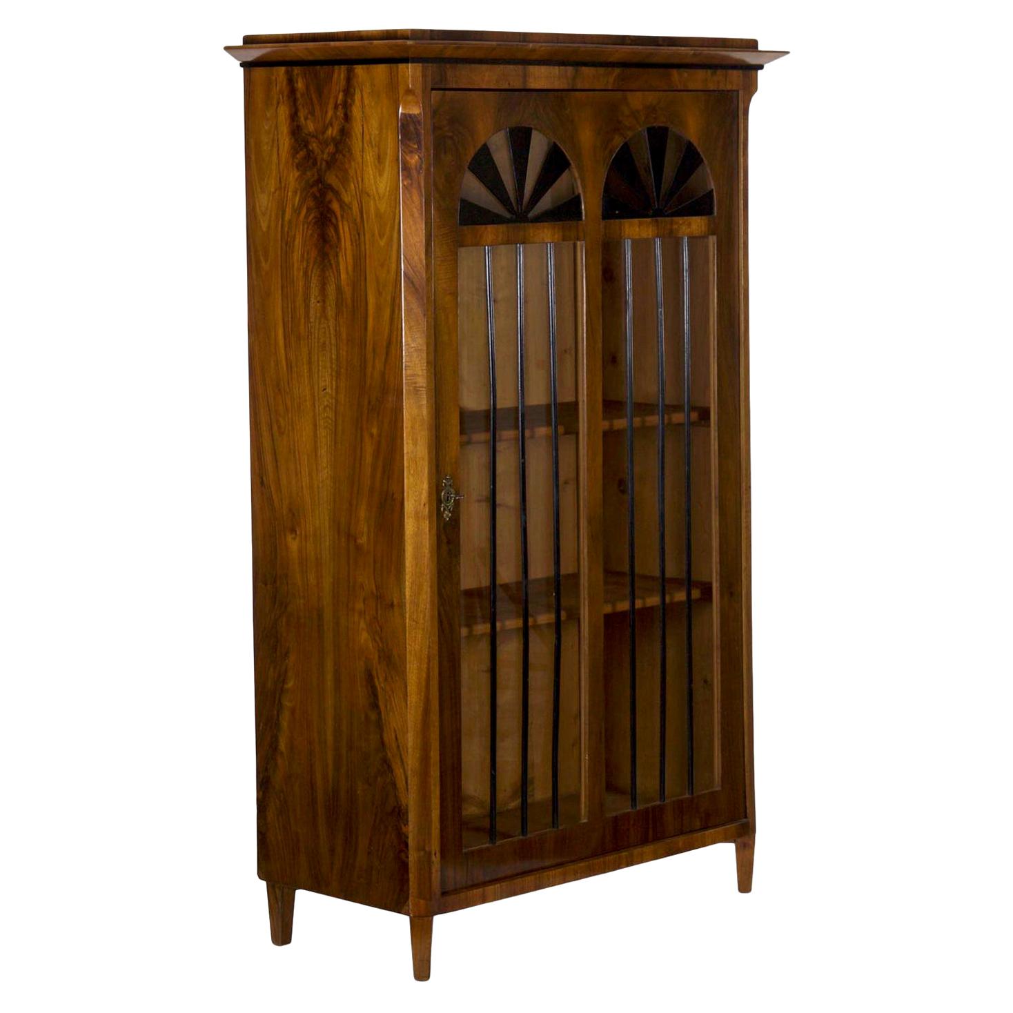 Biedermeier Style Antique Walnut Display Bookcase Cabinet Vitrine