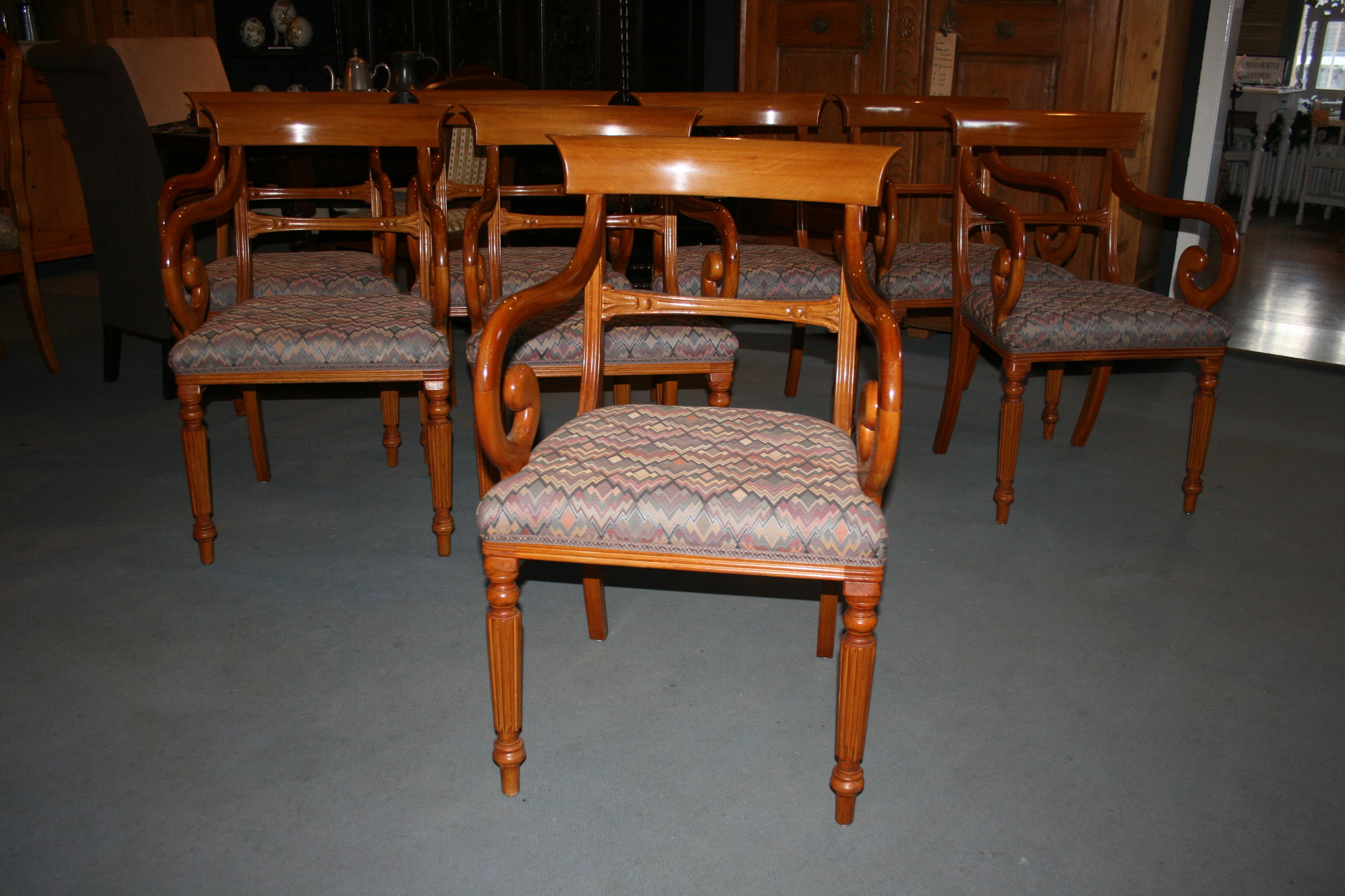 German Biedermeier Style Armchair Group, Saber Chairs, set of 8