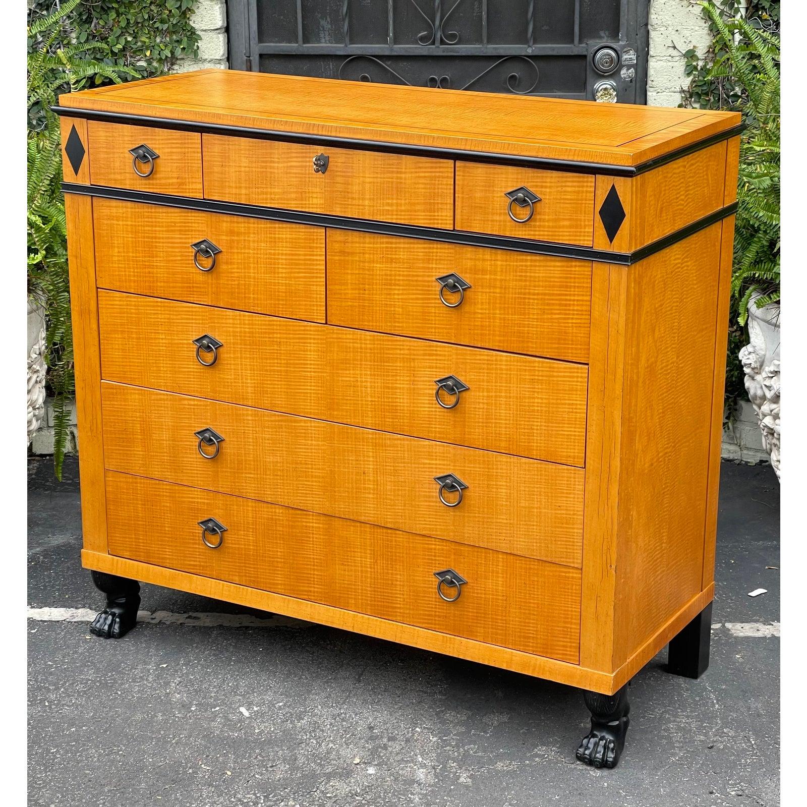 Biedermeier Style Baker Furniture Company tiger maple commode chest of drawers.