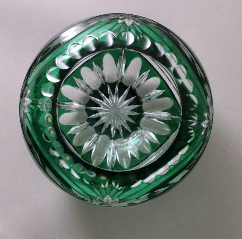 Biedermeier Style Bohemia Cut and Ground Green Crystal Ball Vase 6