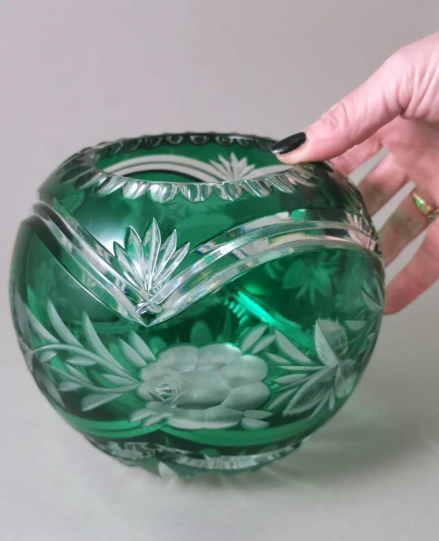 Biedermeier Style Bohemia Cut and Ground Green Crystal Ball Vase 10
