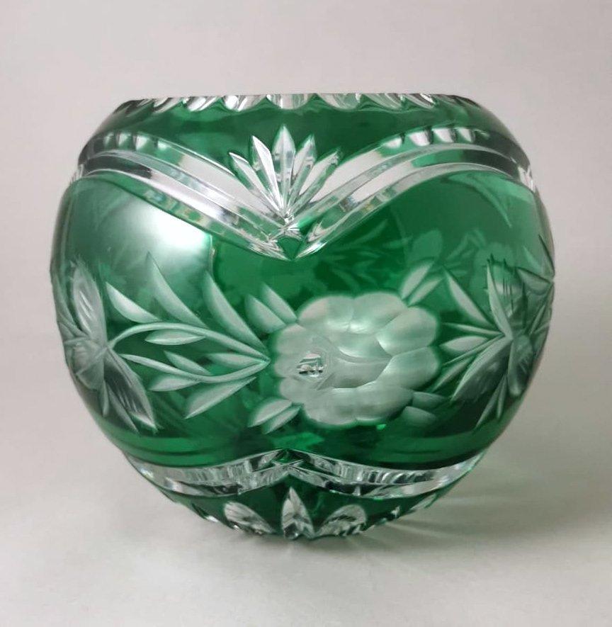 Czech Biedermeier Style Bohemia Cut and Ground Green Crystal Ball Vase