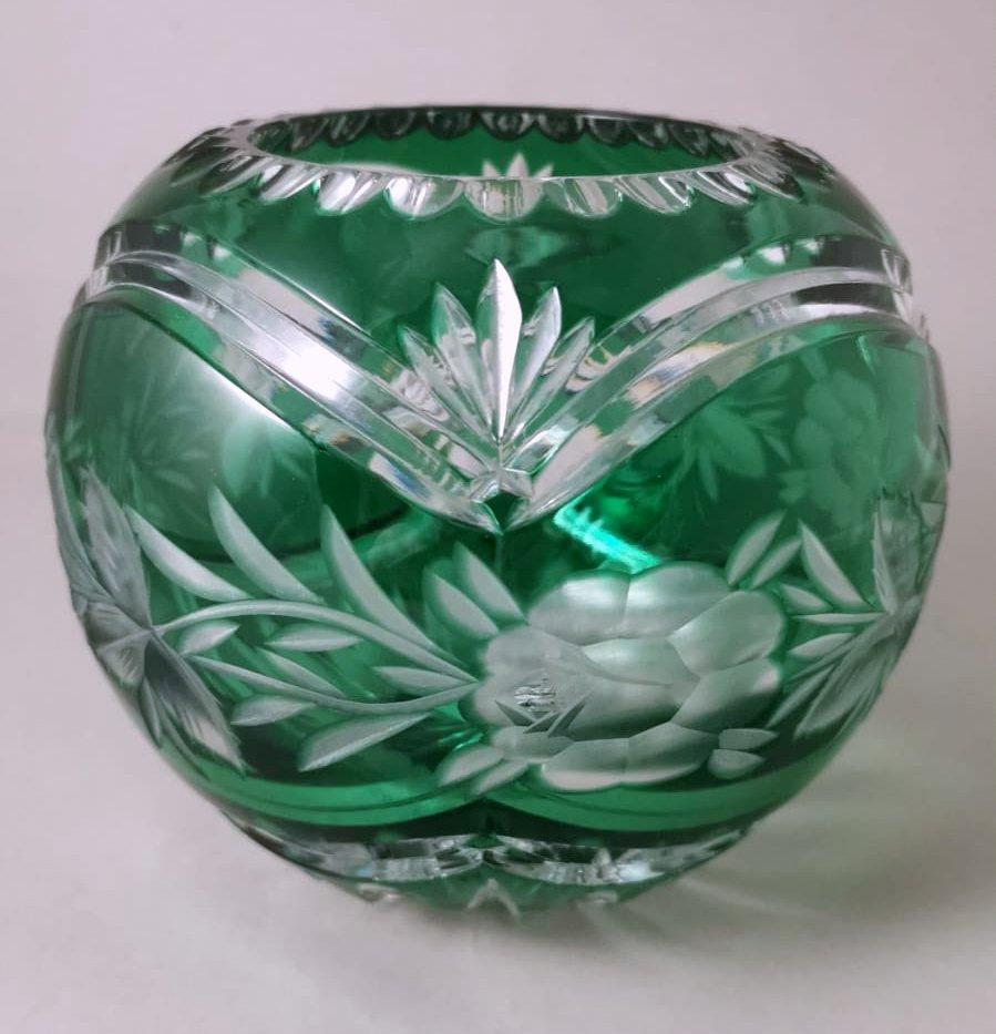 20th Century Biedermeier Style Bohemia Cut and Ground Green Crystal Ball Vase