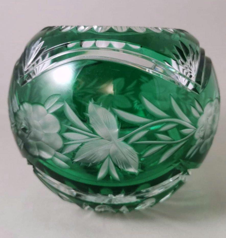 Biedermeier Style Bohemia Cut and Ground Green Crystal Ball Vase 1