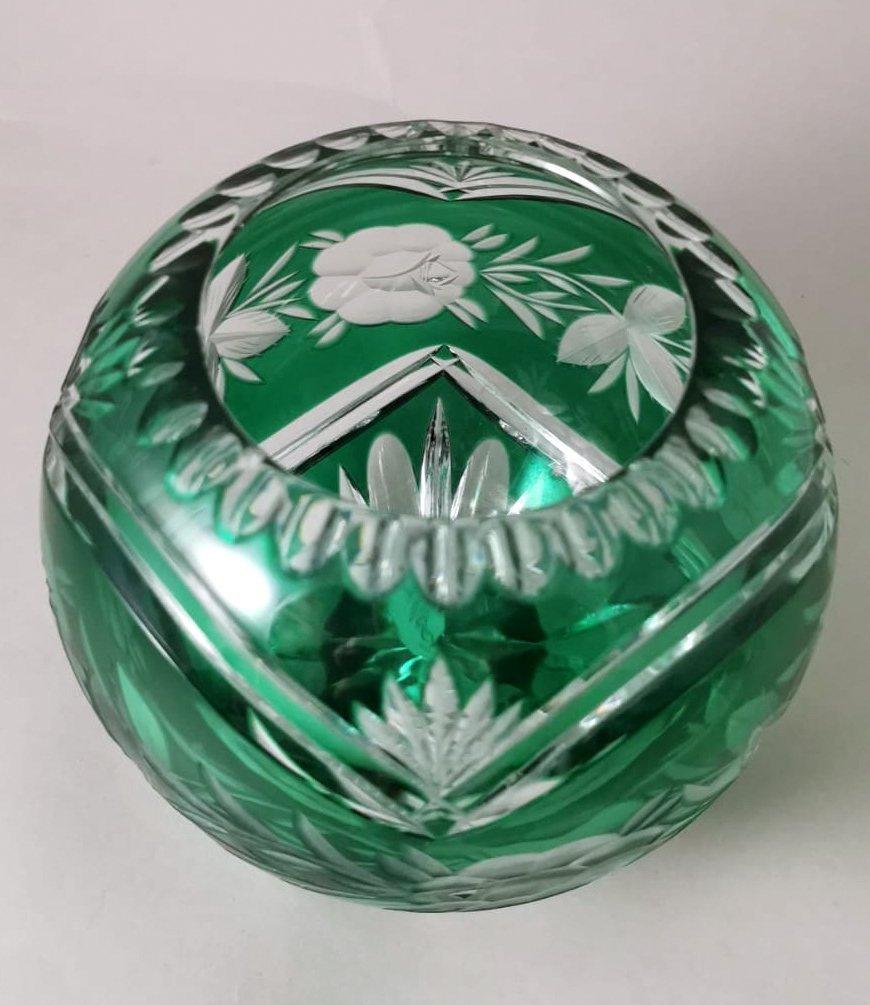 Biedermeier Style Bohemia Cut and Ground Green Crystal Ball Vase 2