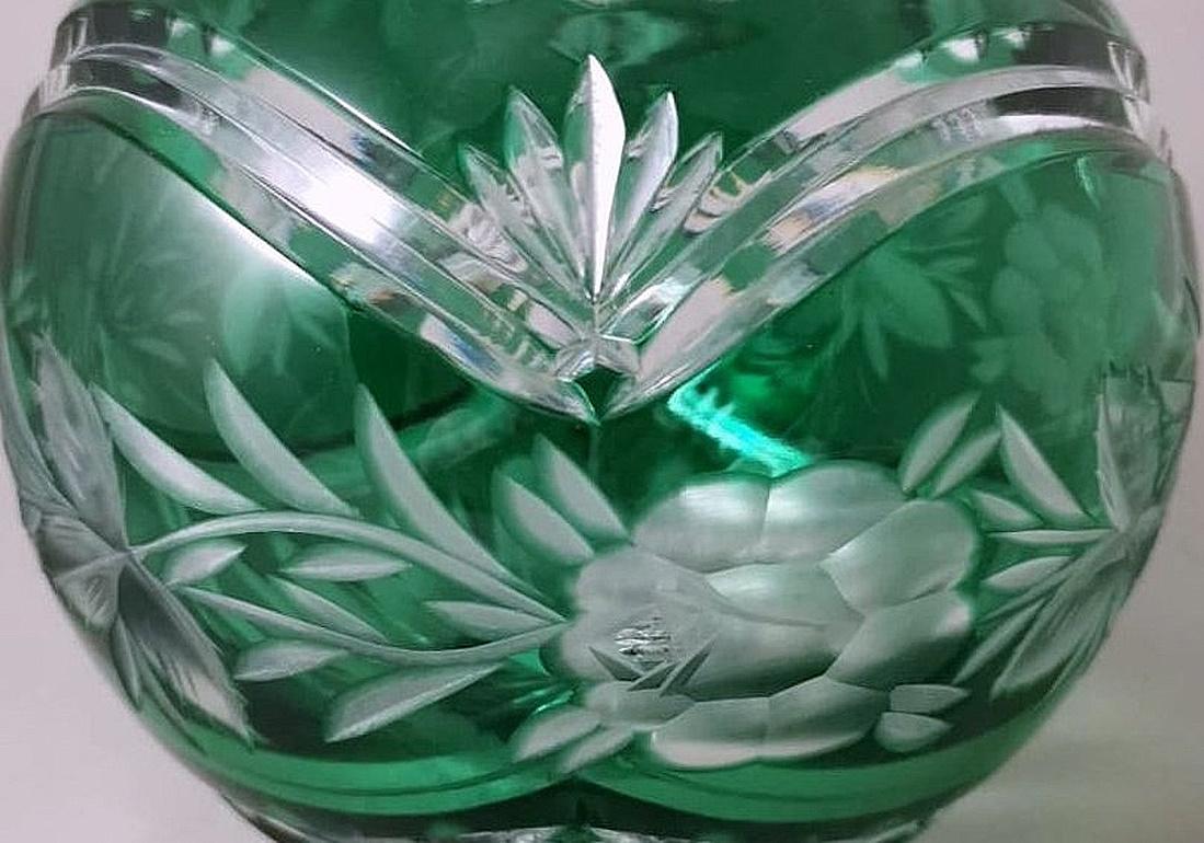 Biedermeier Style Bohemia Cut and Ground Green Crystal Ball Vase 3