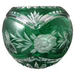 Retro Biedermeier Style Bohemia Cut and Ground Green Crystal Ball Vase