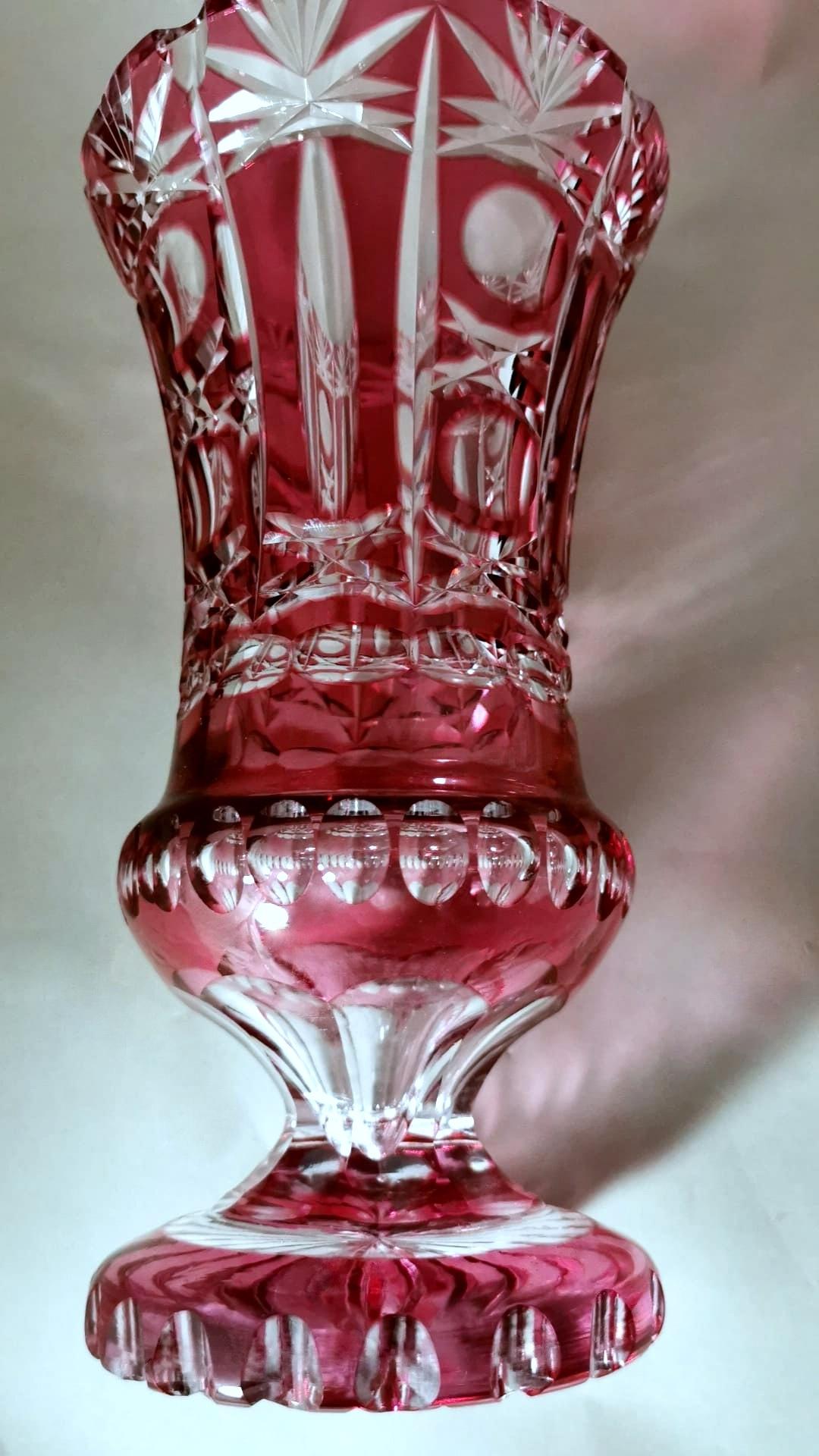 Hand-Crafted Biedermeier Style Bohemia Cut And Ground Red Crystal Vase For Sale
