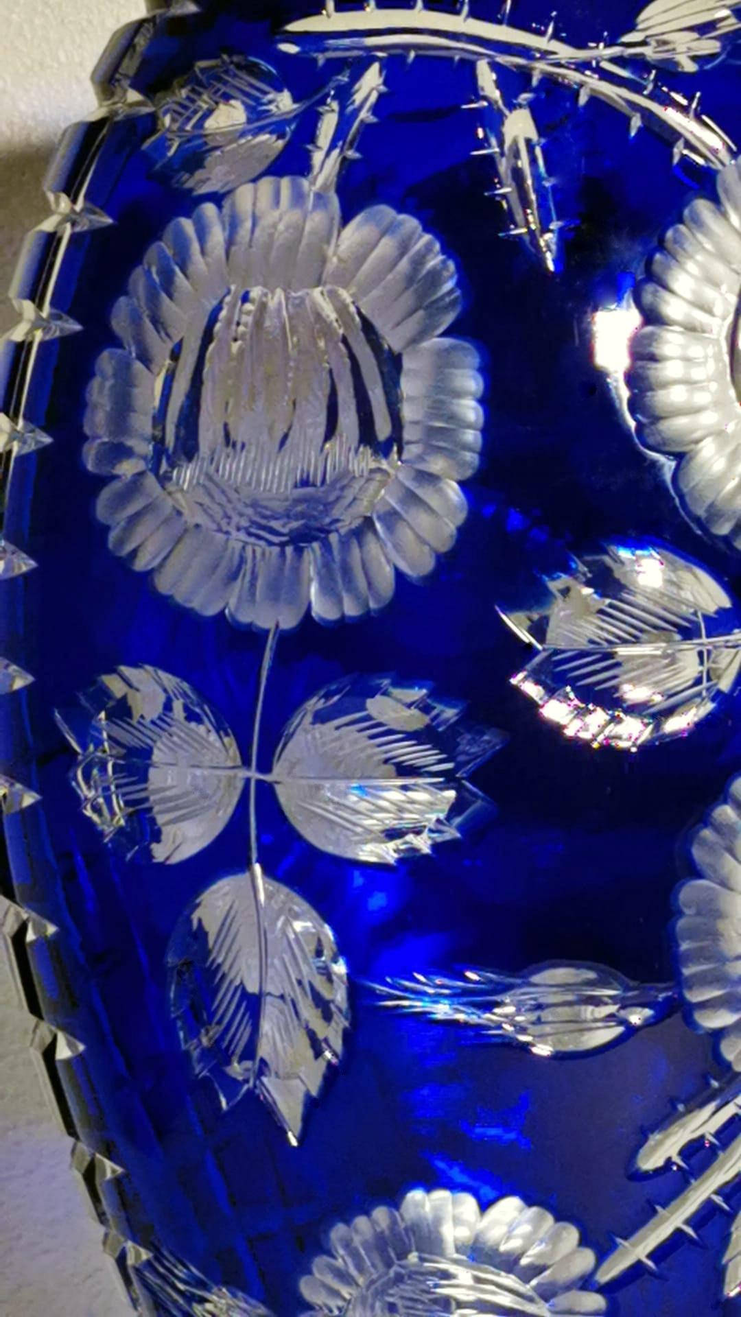 Biedermeier Style Bohemia Large Blue Crystal Vase Cut and Ground 3