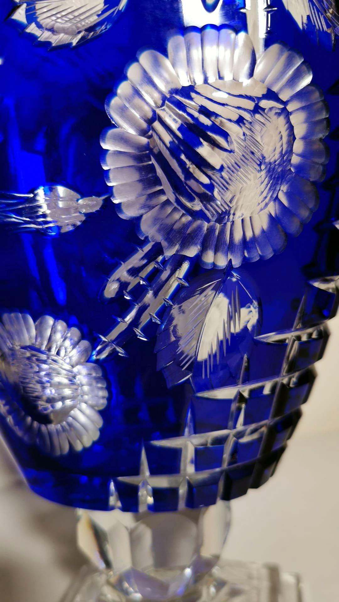 Biedermeier Style Bohemia Large Blue Crystal Vase Cut and Ground 4