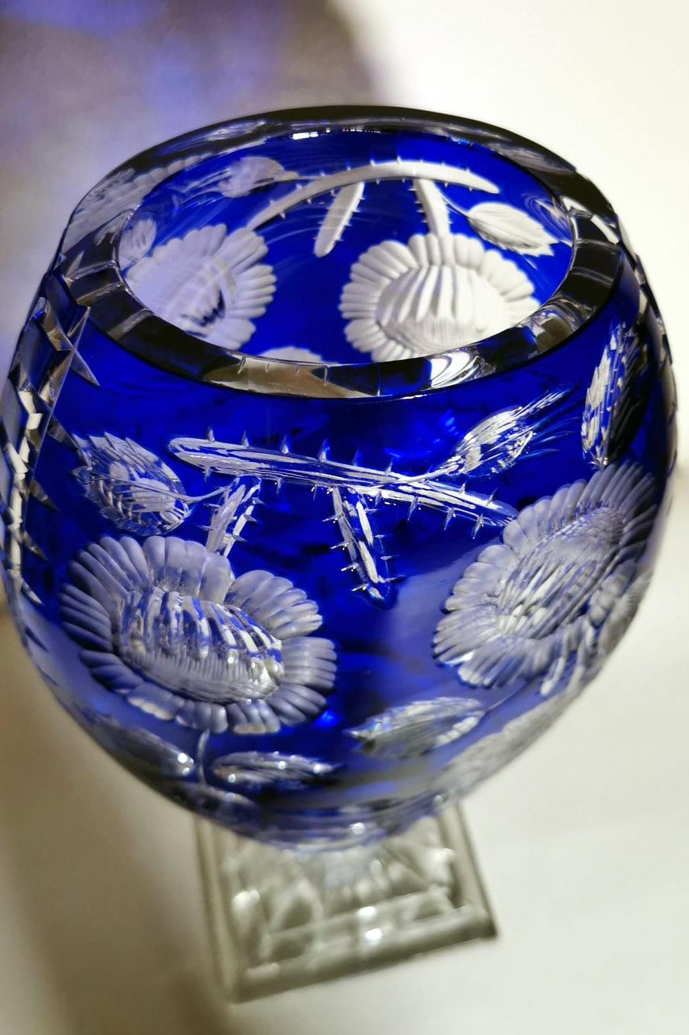 Biedermeier Style Bohemia Large Blue Crystal Vase Cut and Ground 5