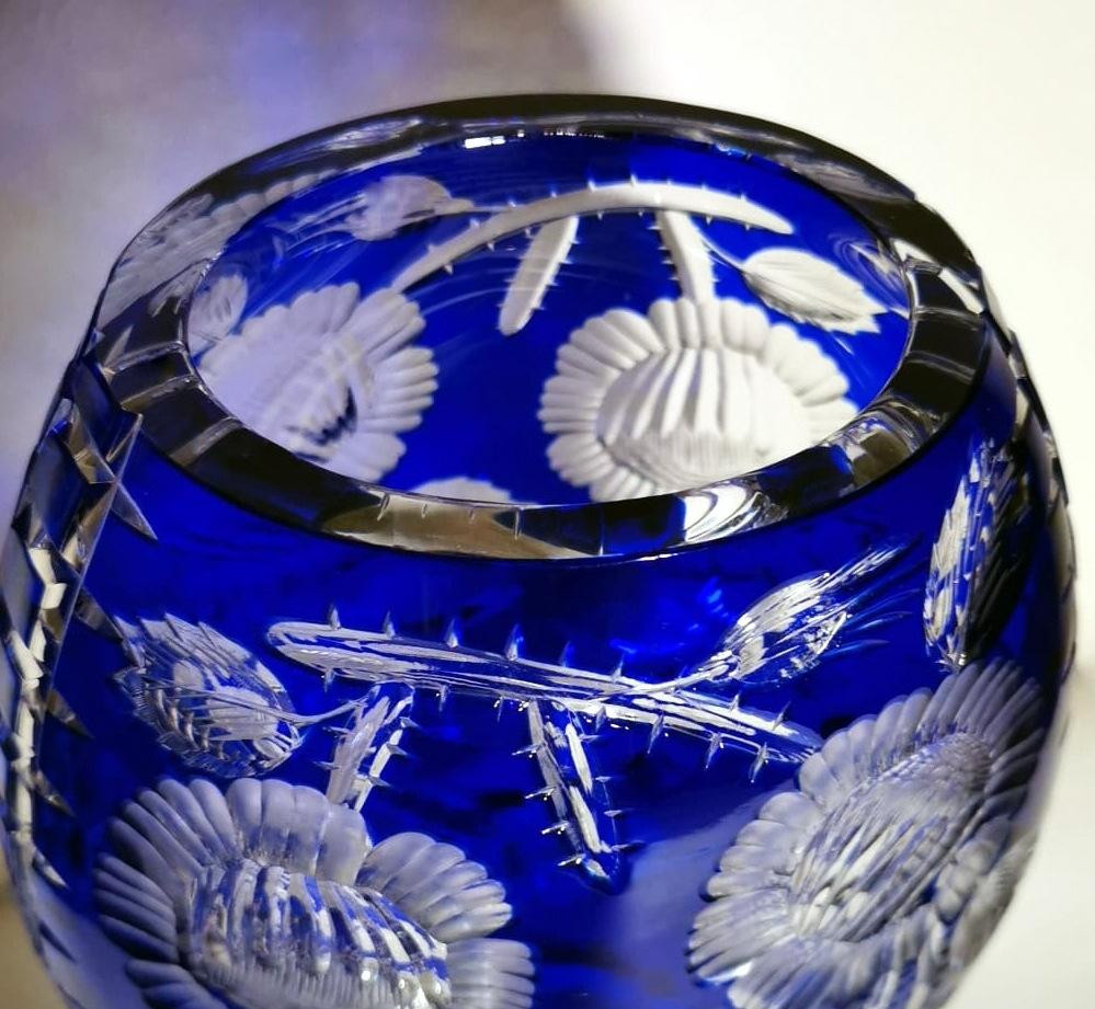Biedermeier Style Bohemia Large Blue Crystal Vase Cut and Ground 6
