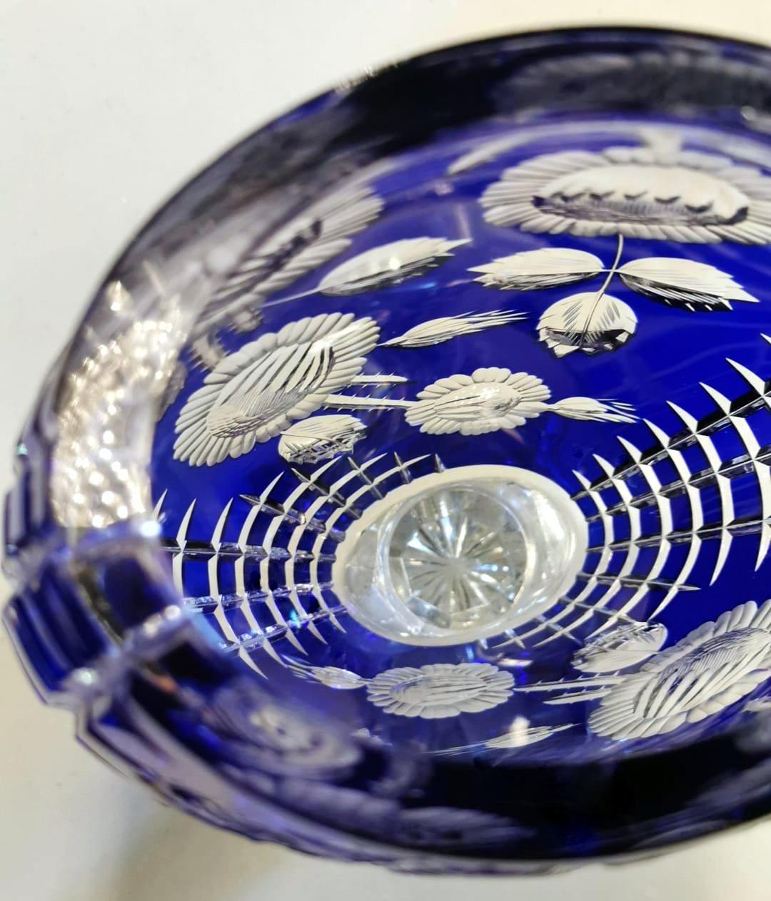Biedermeier Style Bohemia Large Blue Crystal Vase Cut and Ground 7