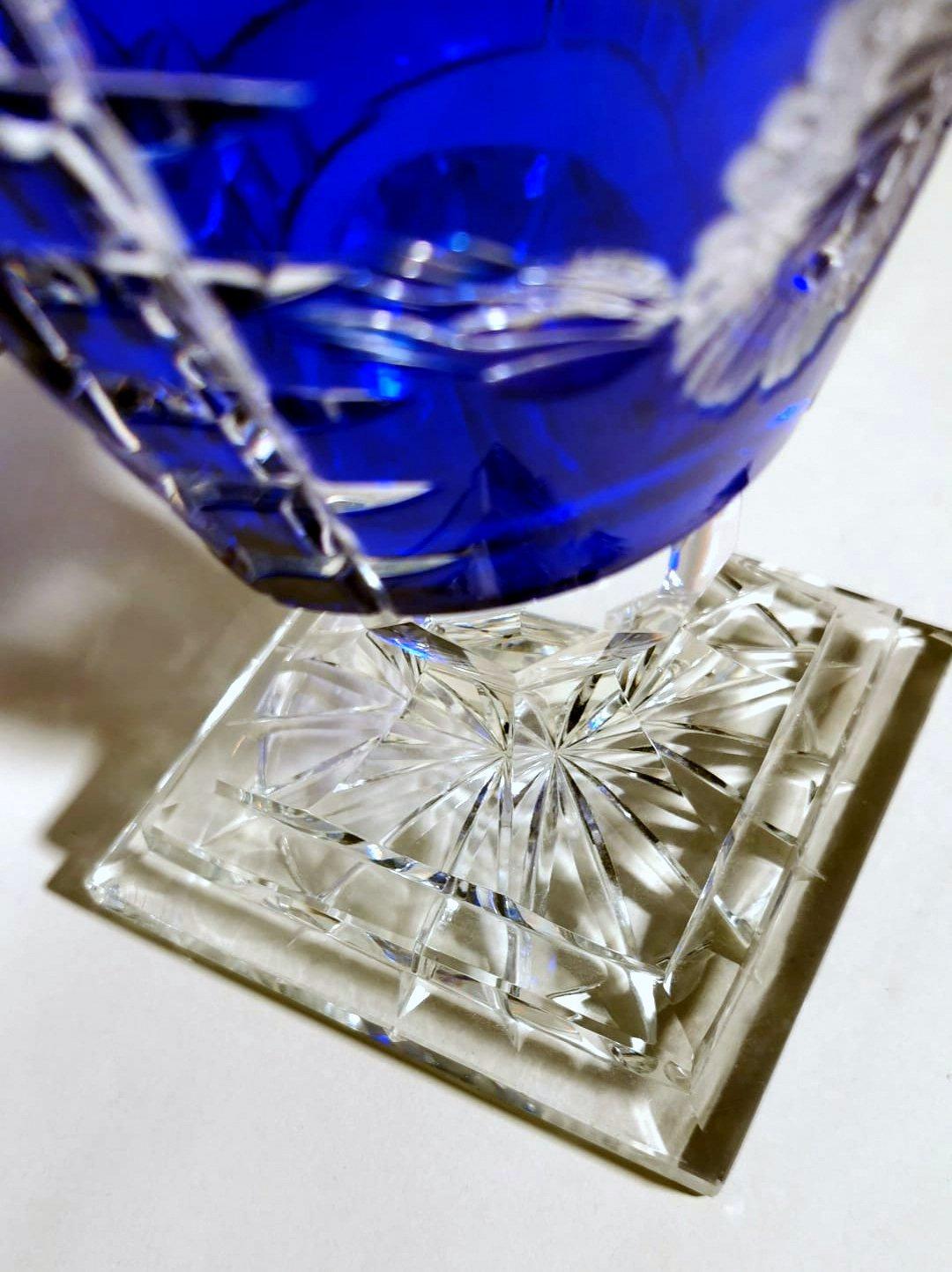 Biedermeier Style Bohemia Large Blue Crystal Vase Cut and Ground 8