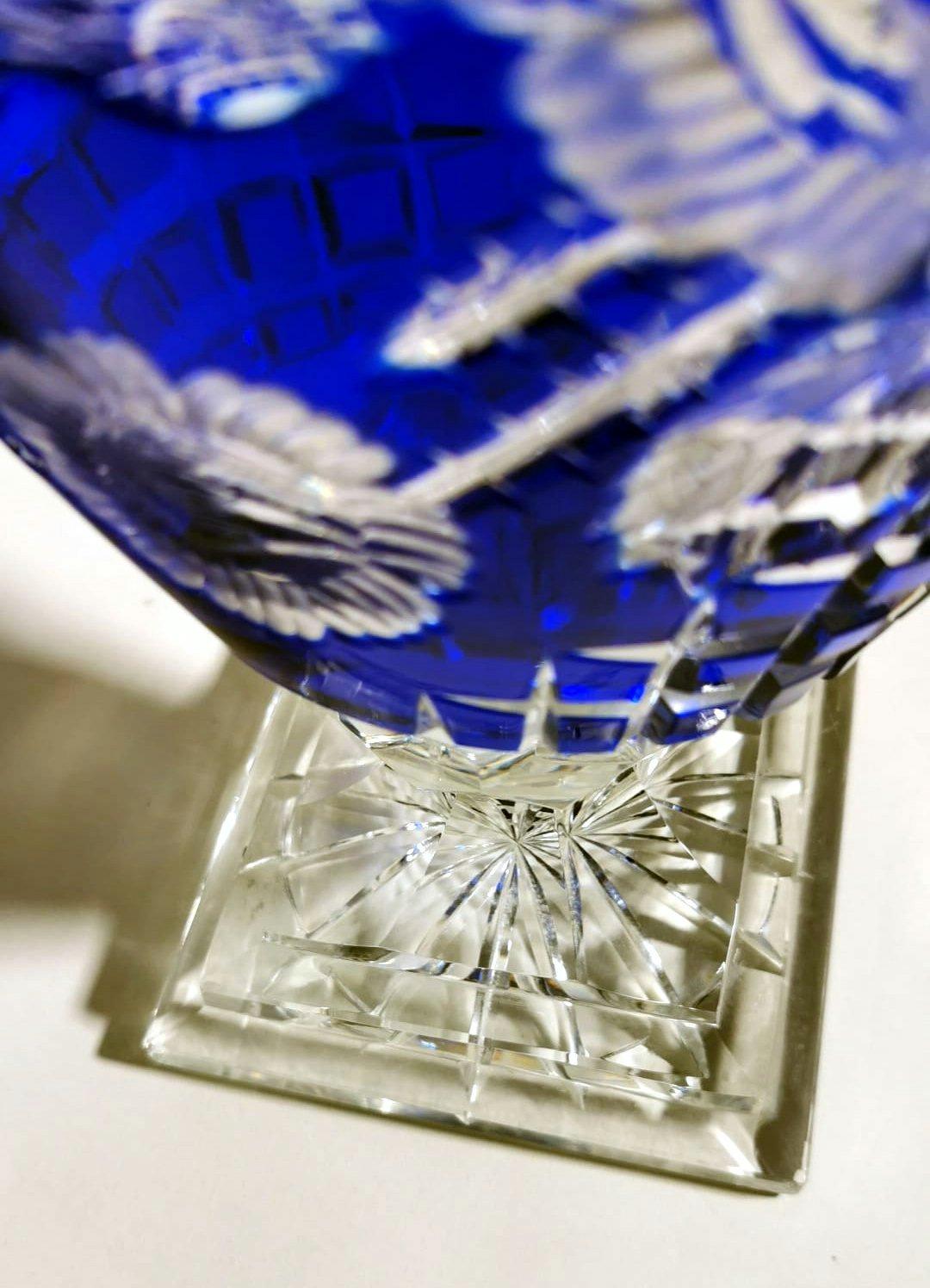 Biedermeier Style Bohemia Large Blue Crystal Vase Cut and Ground 9